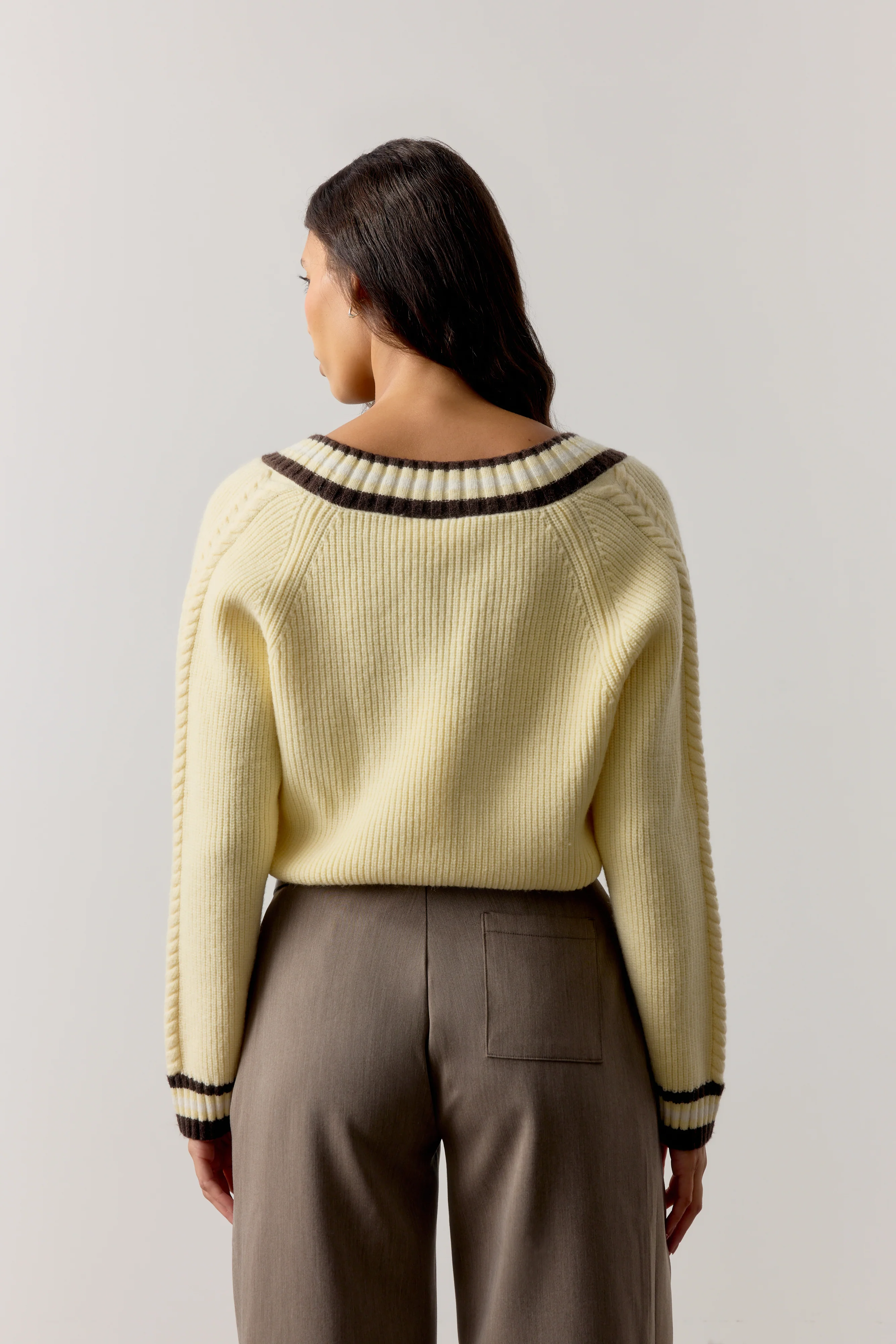 KNIT CONTRAST STRIPE V NECK CRICKET JUMPER - BUTTERMILK - Image 6