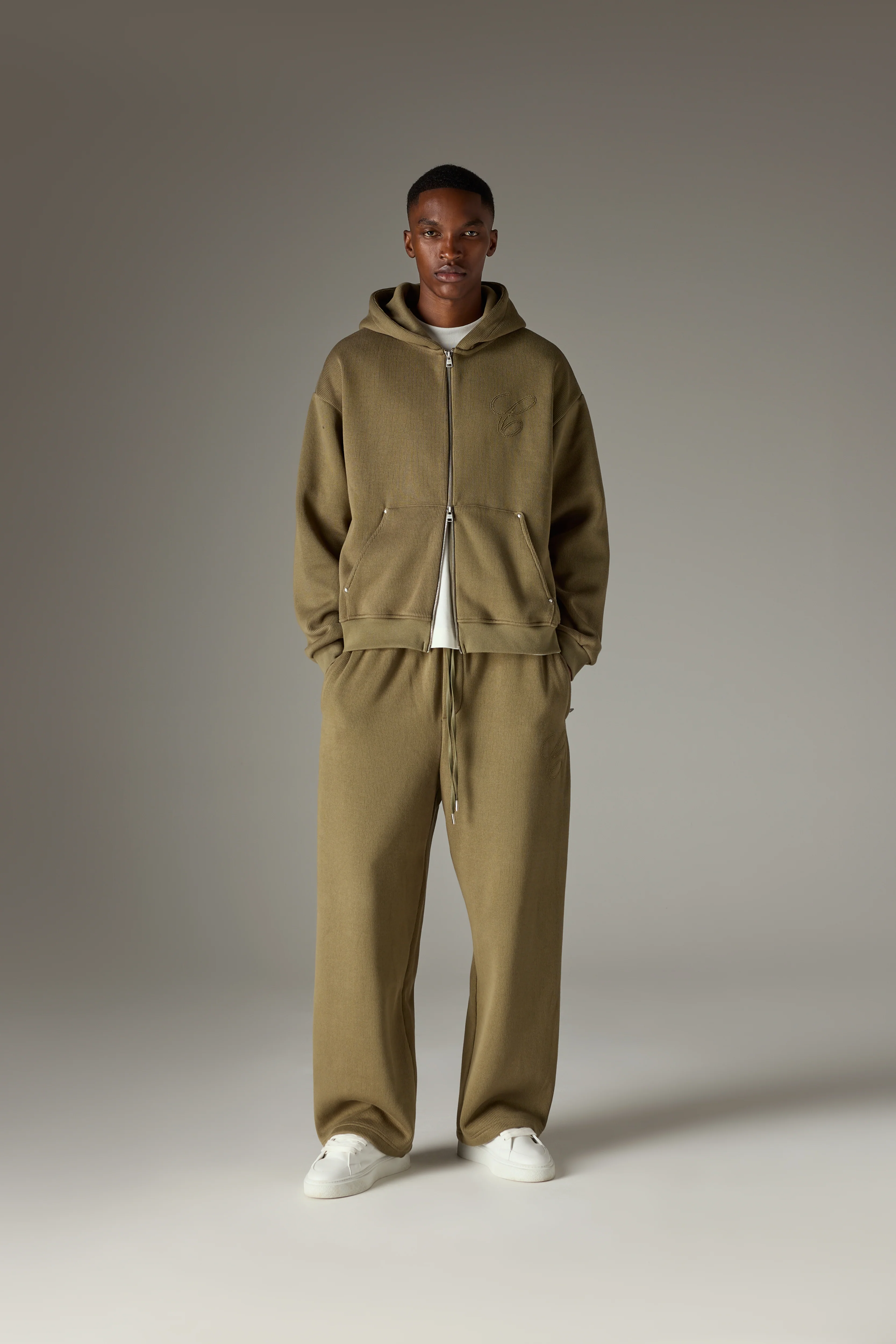 KNIT CONTRAST BINDING ZIP THROUGH HOODIE - KHAKI - Image 3