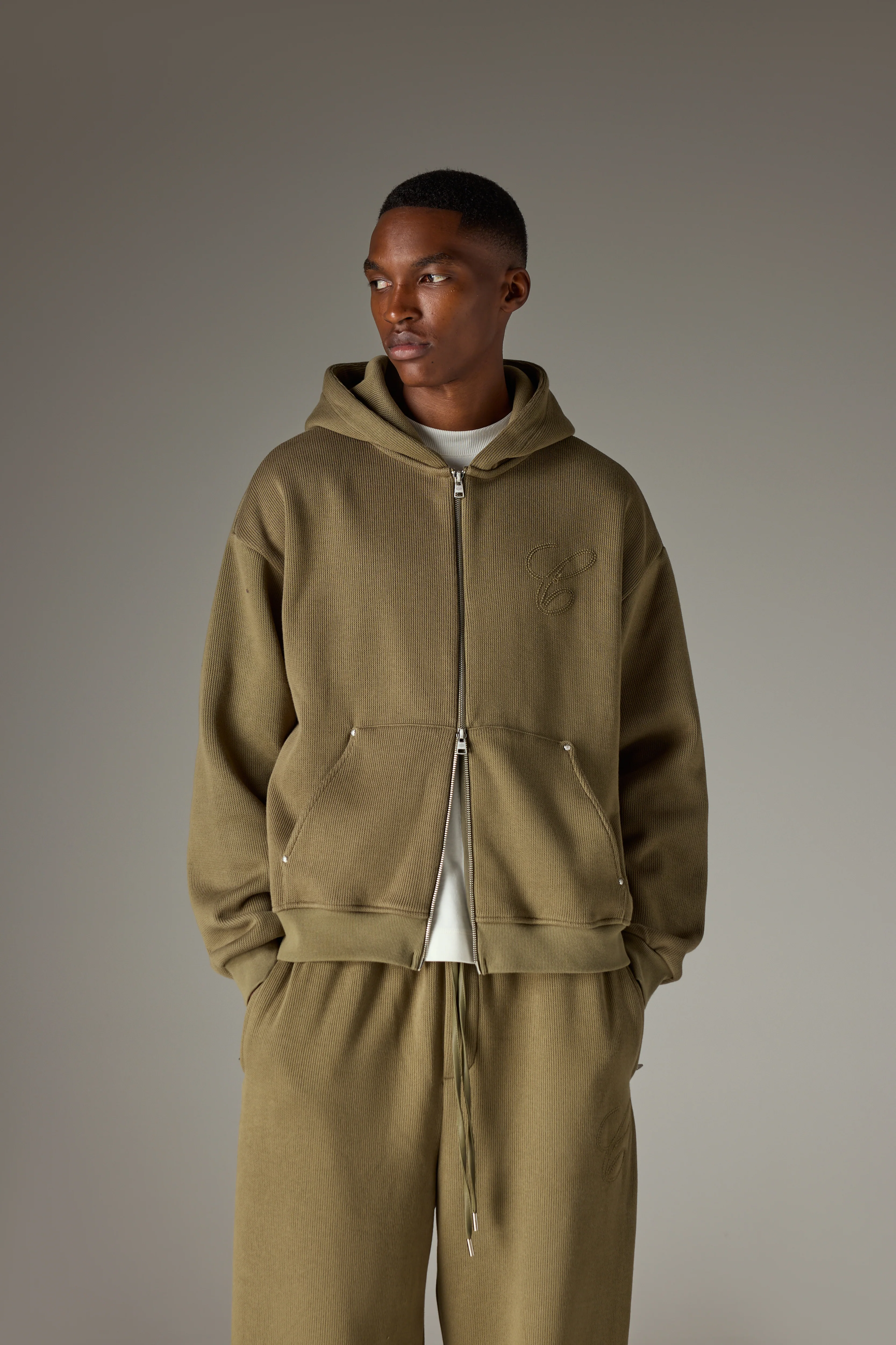 KNIT CONTRAST BINDING ZIP THROUGH HOODIE - KHAKI - Image 4