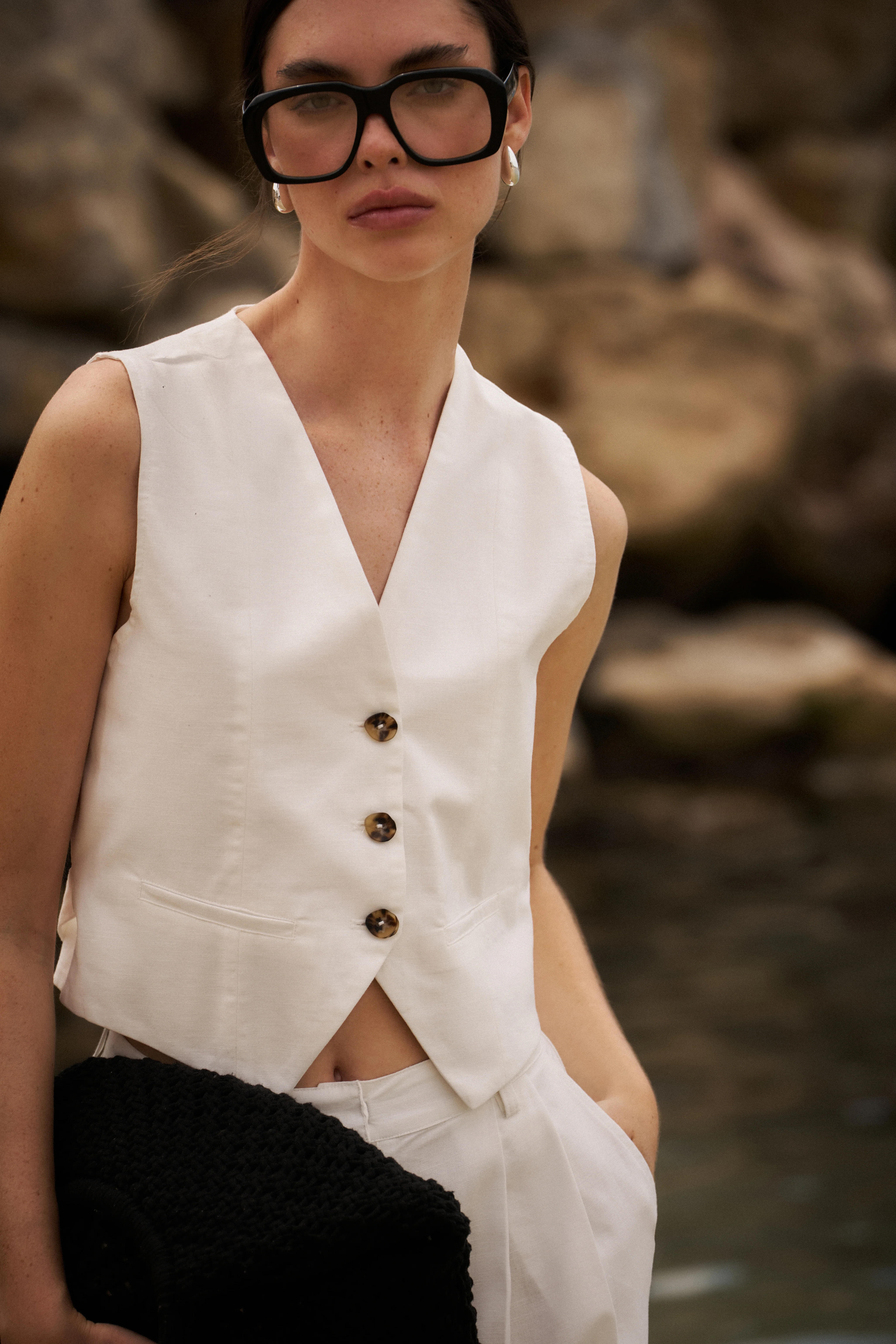 LINEN BLEND WAISTCOAT - WHITE - Image 3