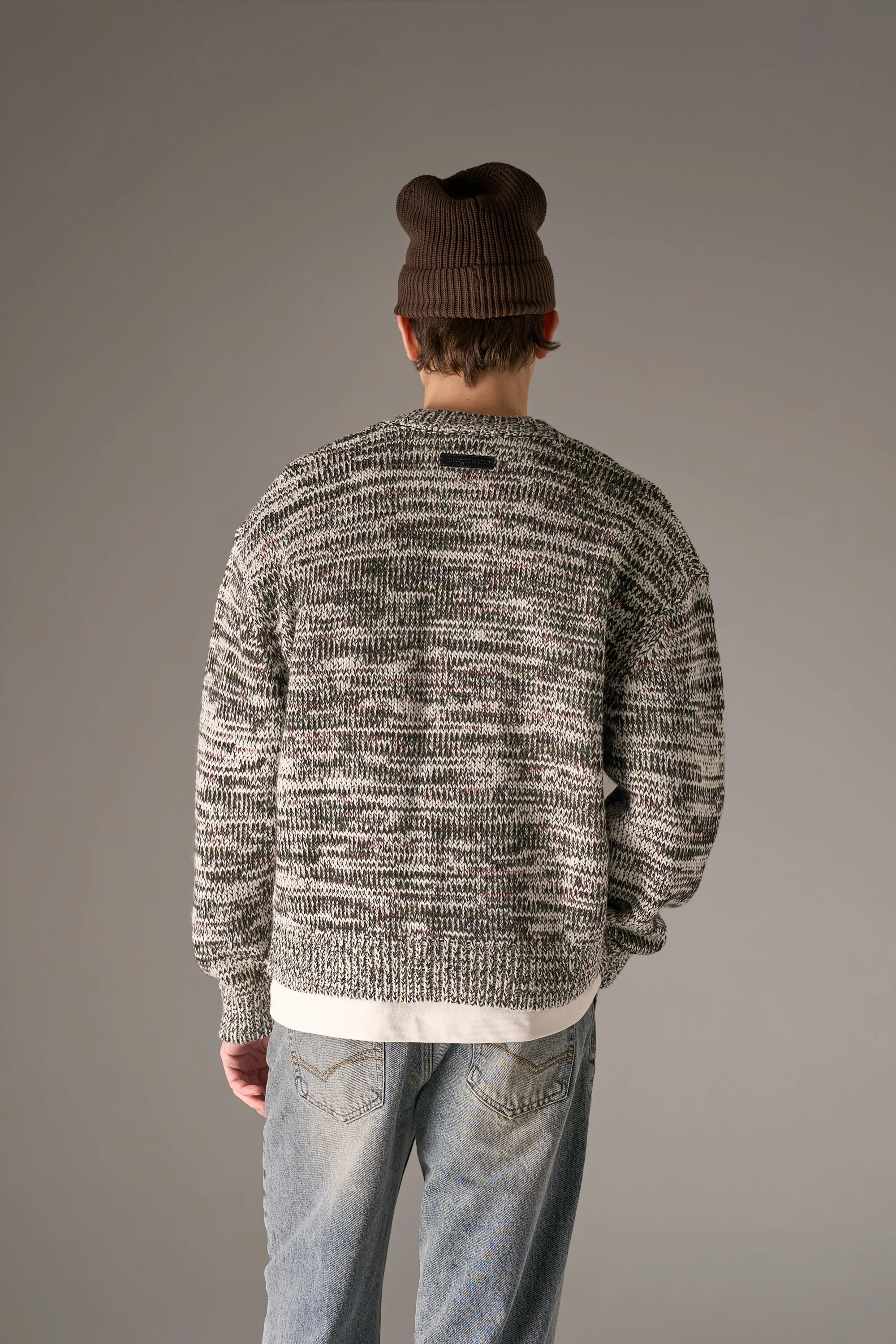 MIXED YARN KNITTED CARDIGAN - WHITE/KHAKI - Image 7