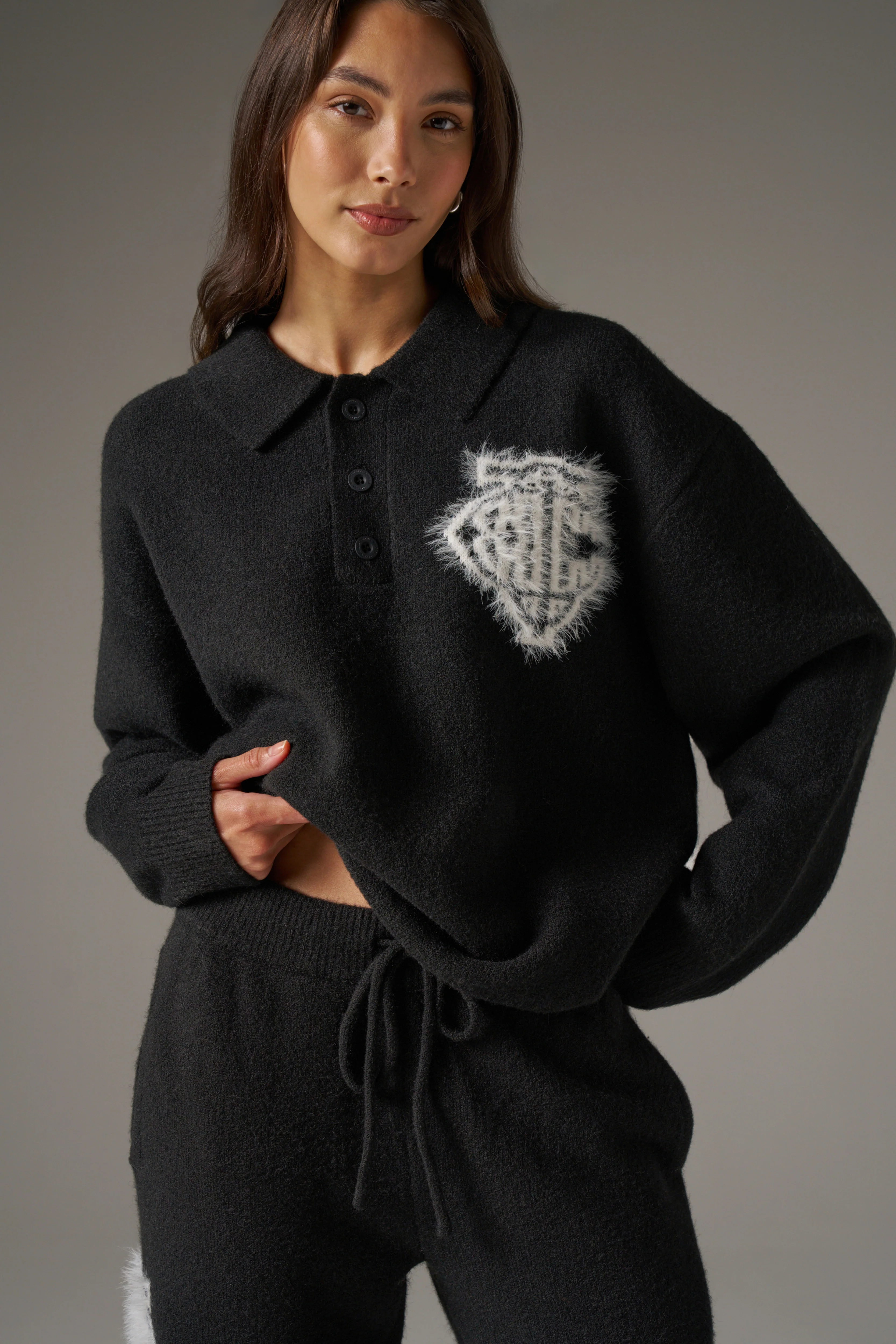 MONOGRAM FLUFFY KNIT POLO - BLACK - Image 5