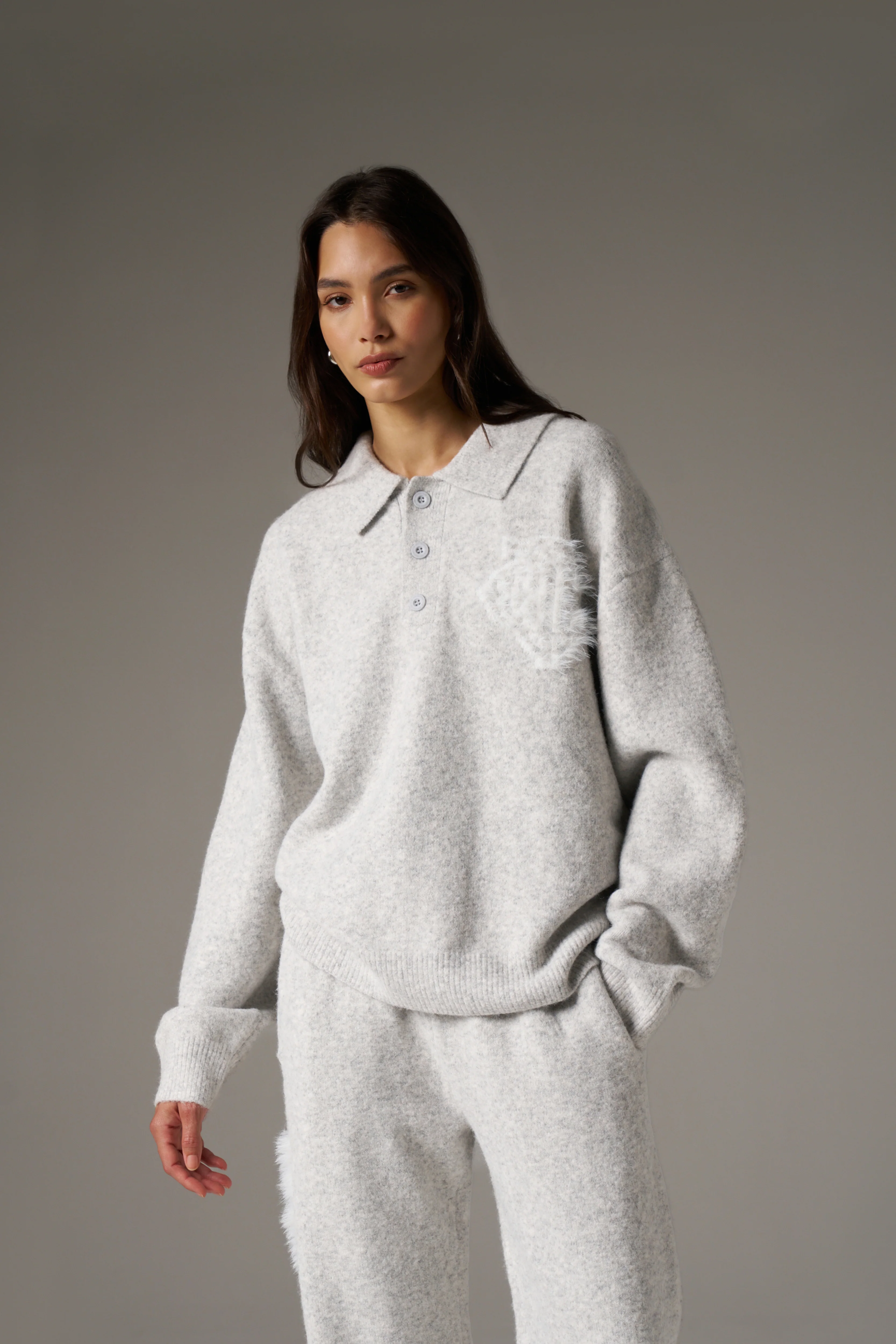 MONOGRAM FLUFFY KNIT POLO - GREY MARL - Image 3