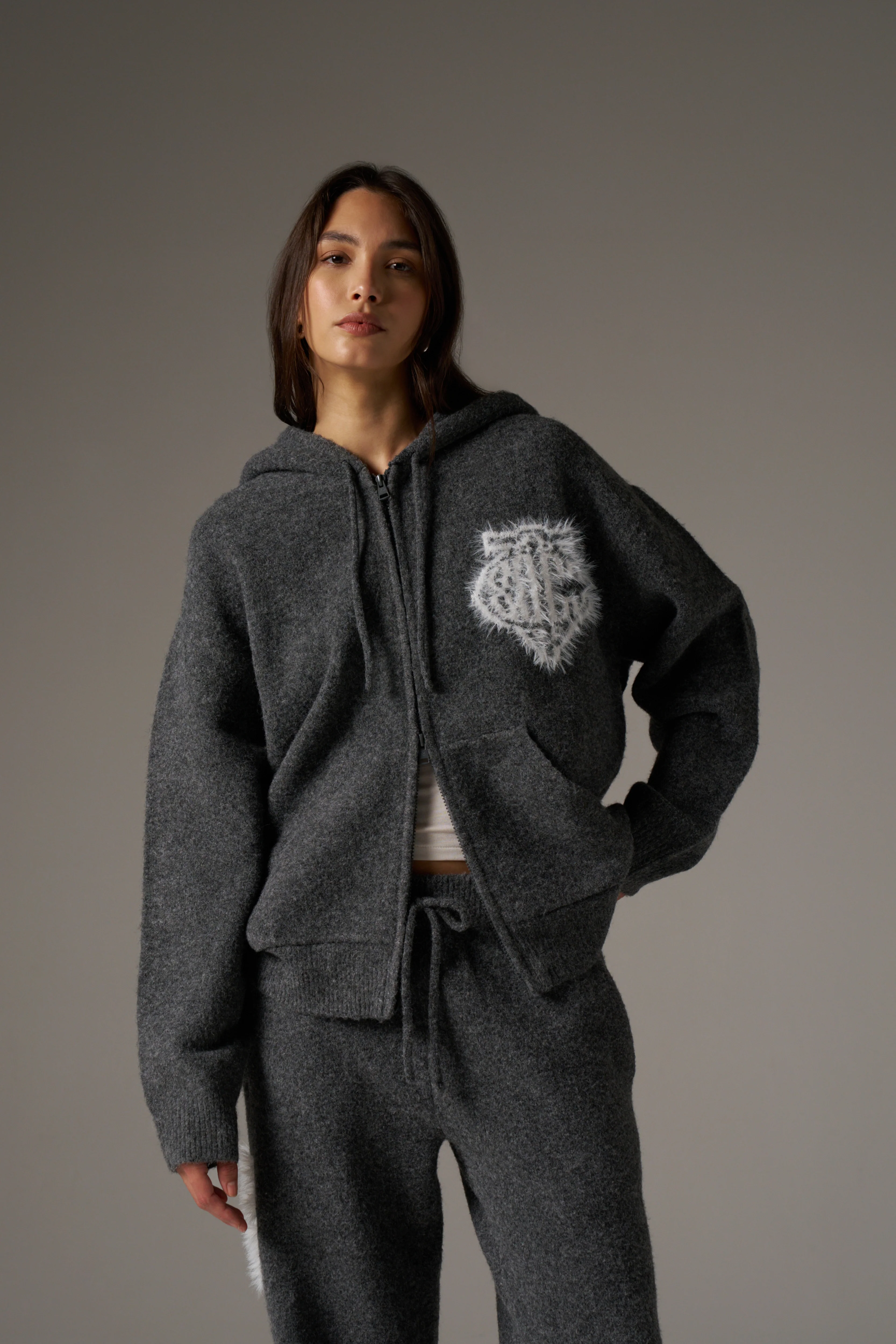 MONOGRAM FLUFFY KNIT ZIP THROUGH HOODIE - CHARCOAL - Image 3