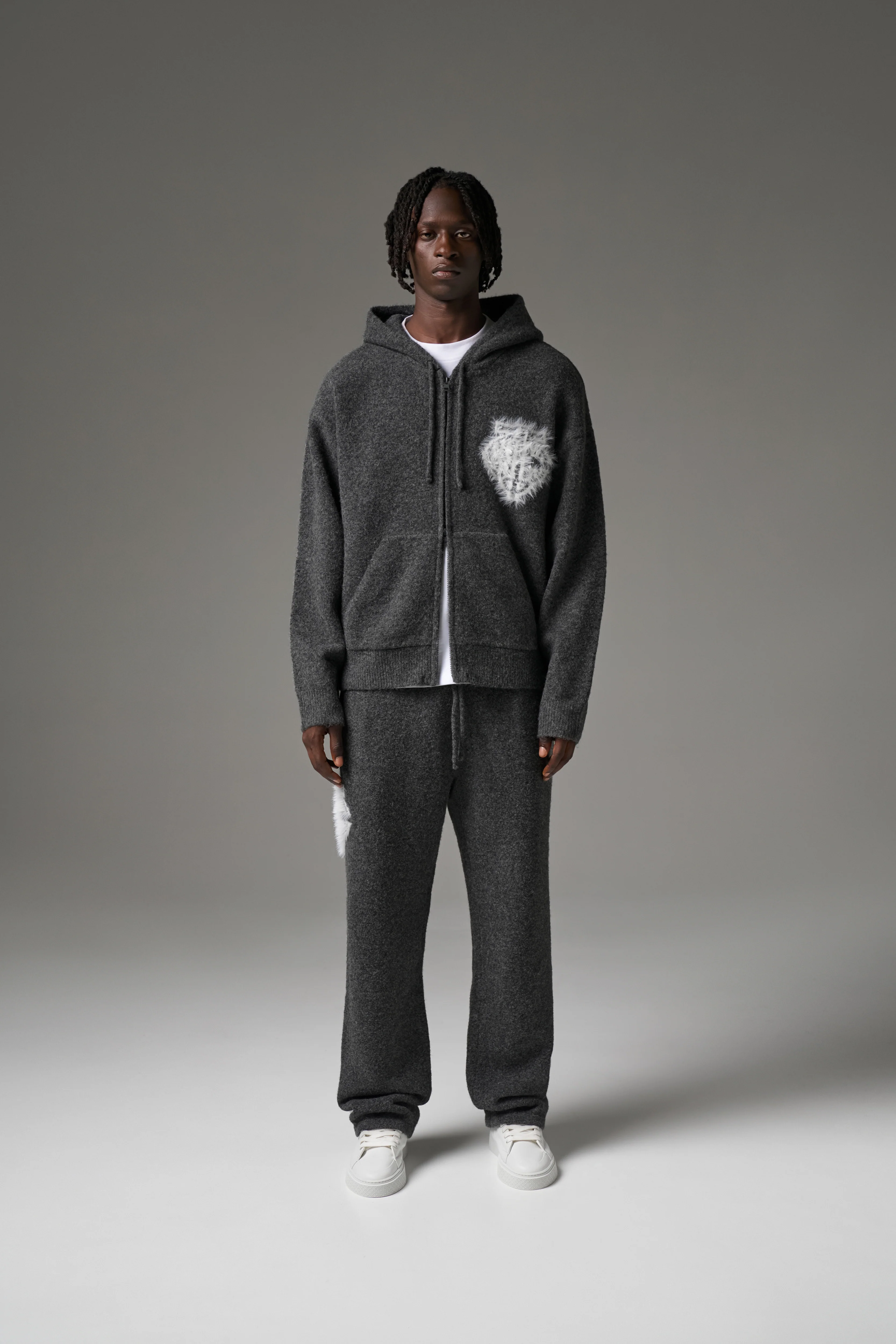 MONOGRAM FLUFFY KNIT ZIP THROUGH HOODIE - CHARCOAL - Image 4