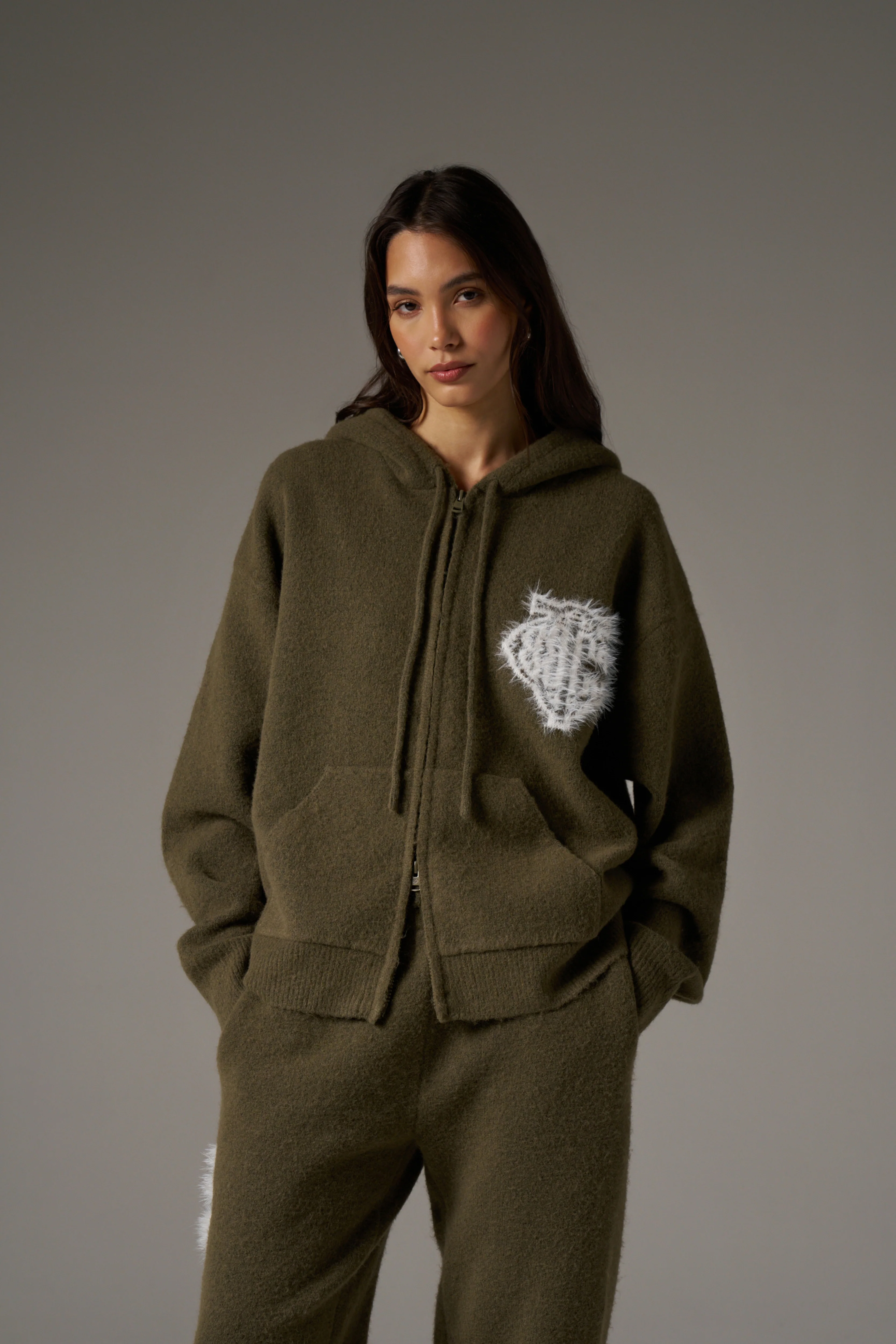 MONOGRAM FLUFFY KNIT ZIP THROUGH HOODIE - KHAKI - Image 3
