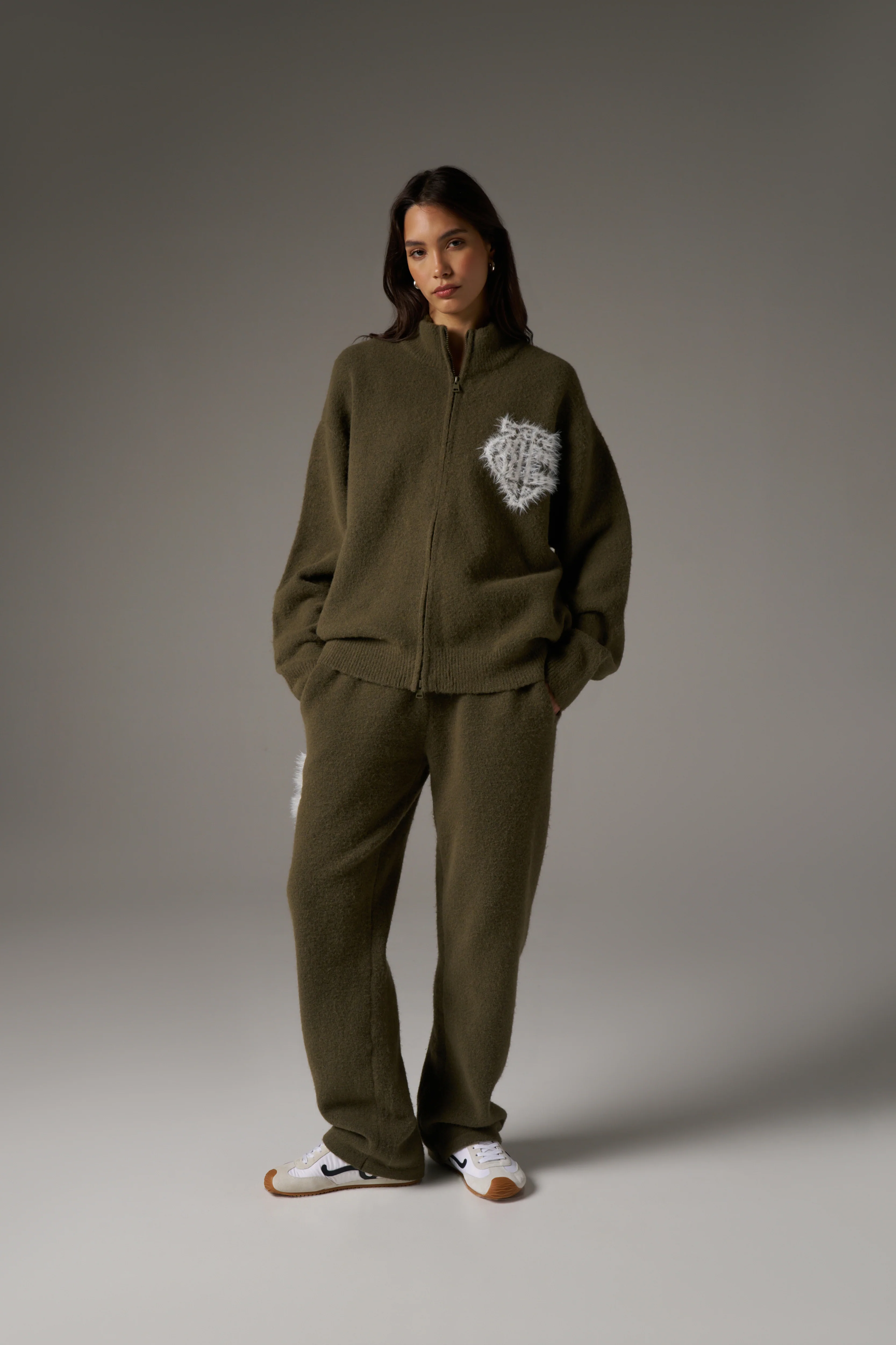 MONOGRAM FLUFFY KNIT ZIP THROUGH - KHAKI - Image 7