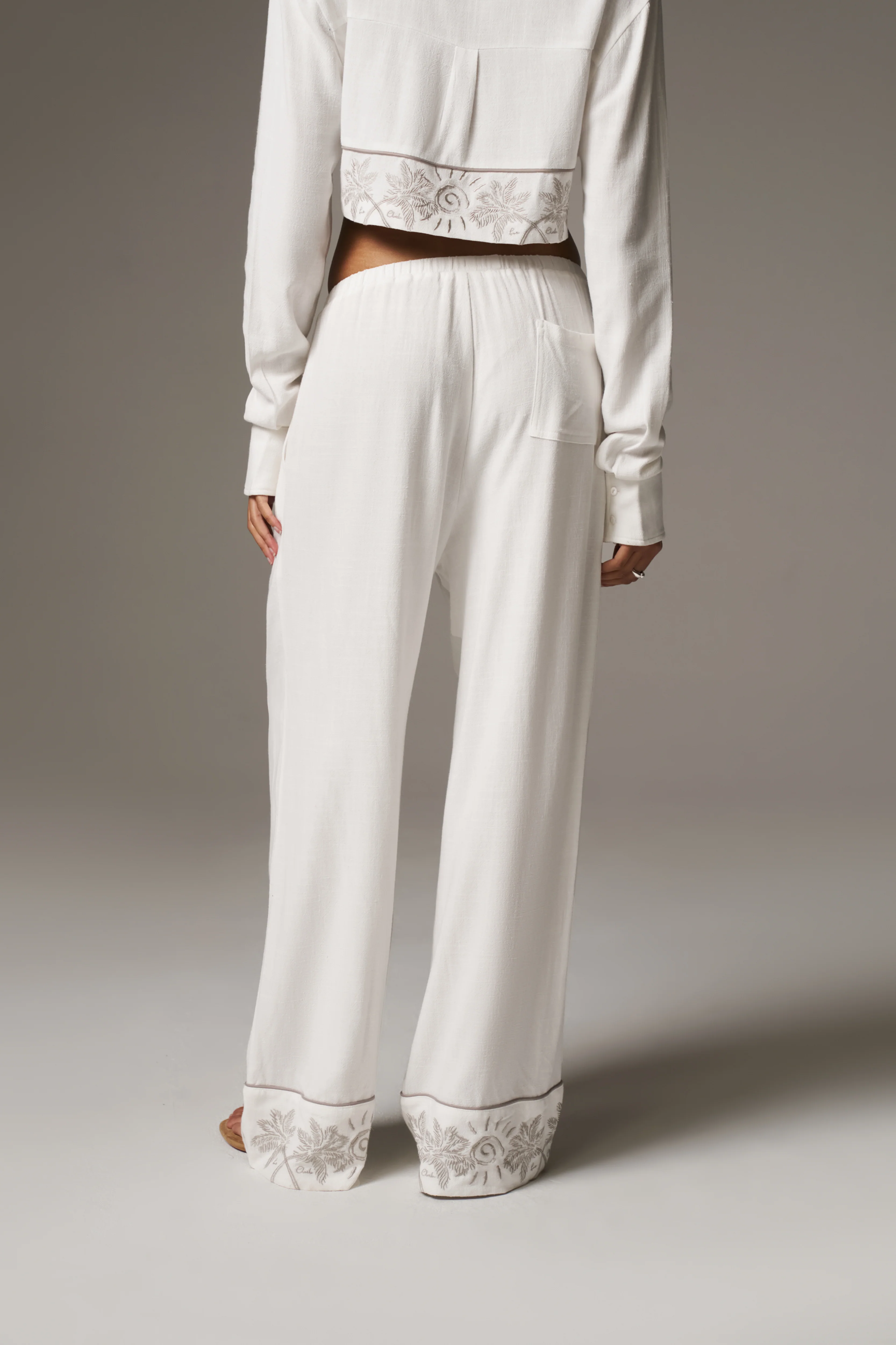 PALM EMBROIDERED WIDE LEG TROUSERS - OFF WHITE - Image 7