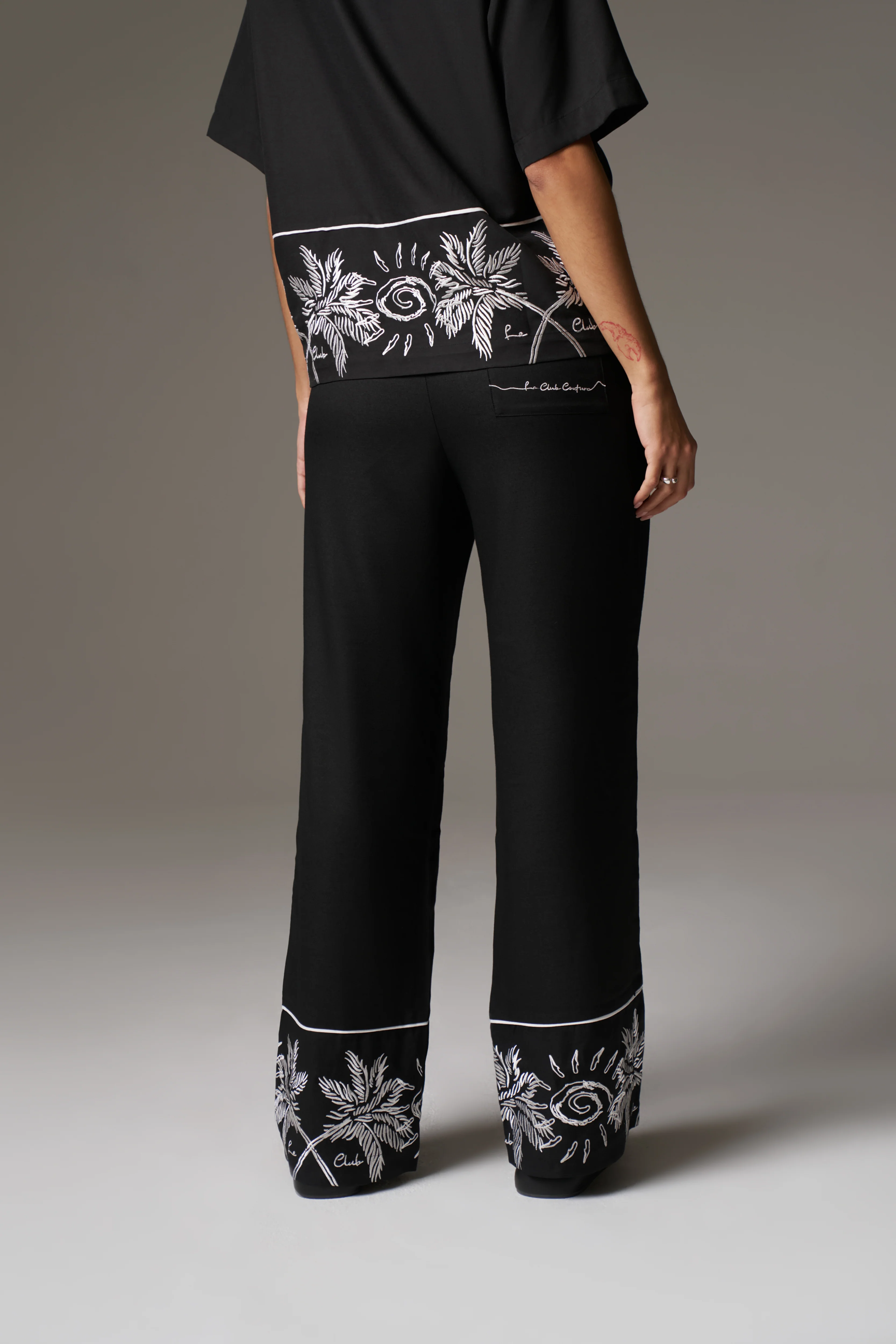 PALM EMBROIDERY WIDE LEG TROUSERS - BLACK - Image 6