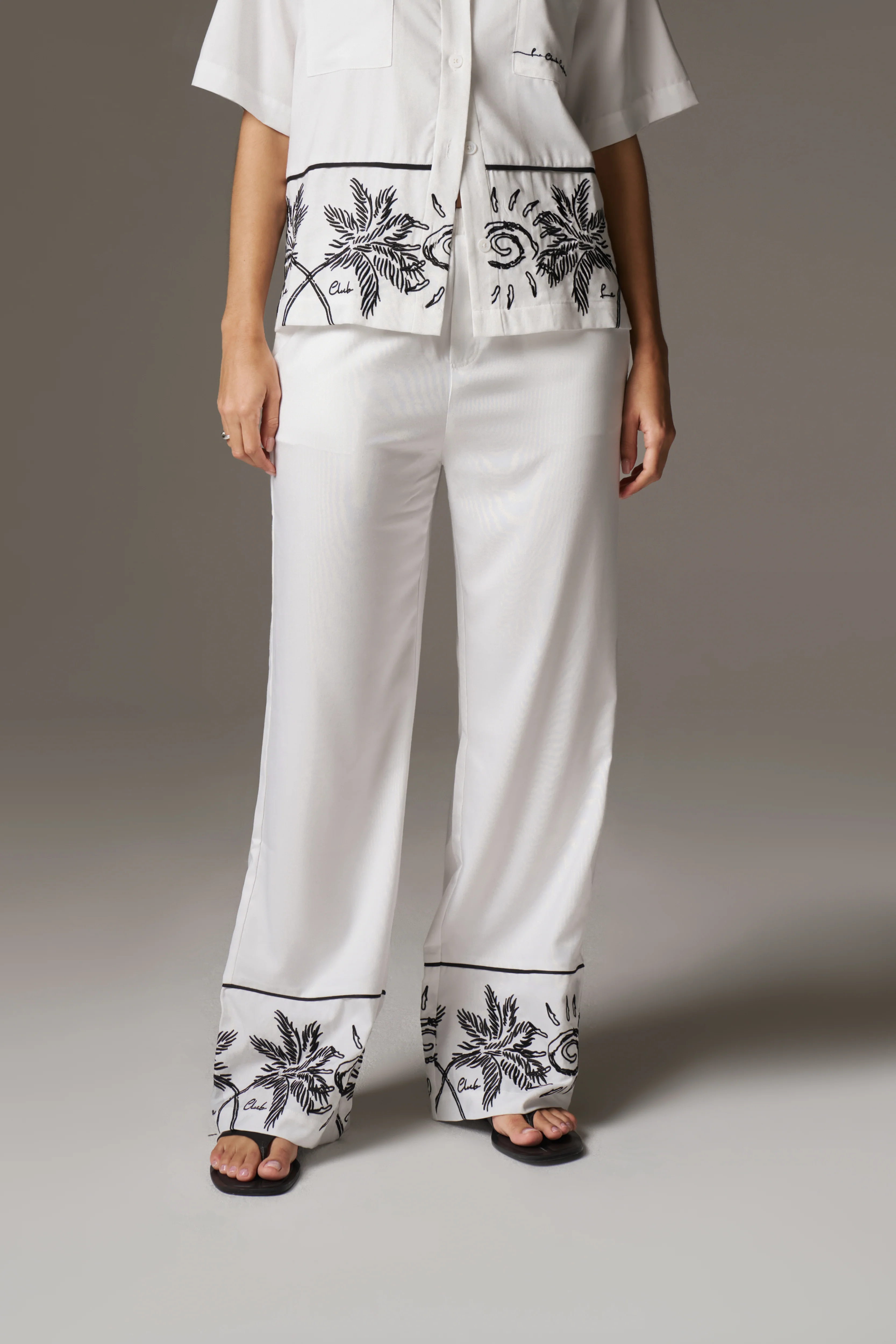 PALM EMBROIDERY WIDE LEG TROUSERS - WHITE - Image 2