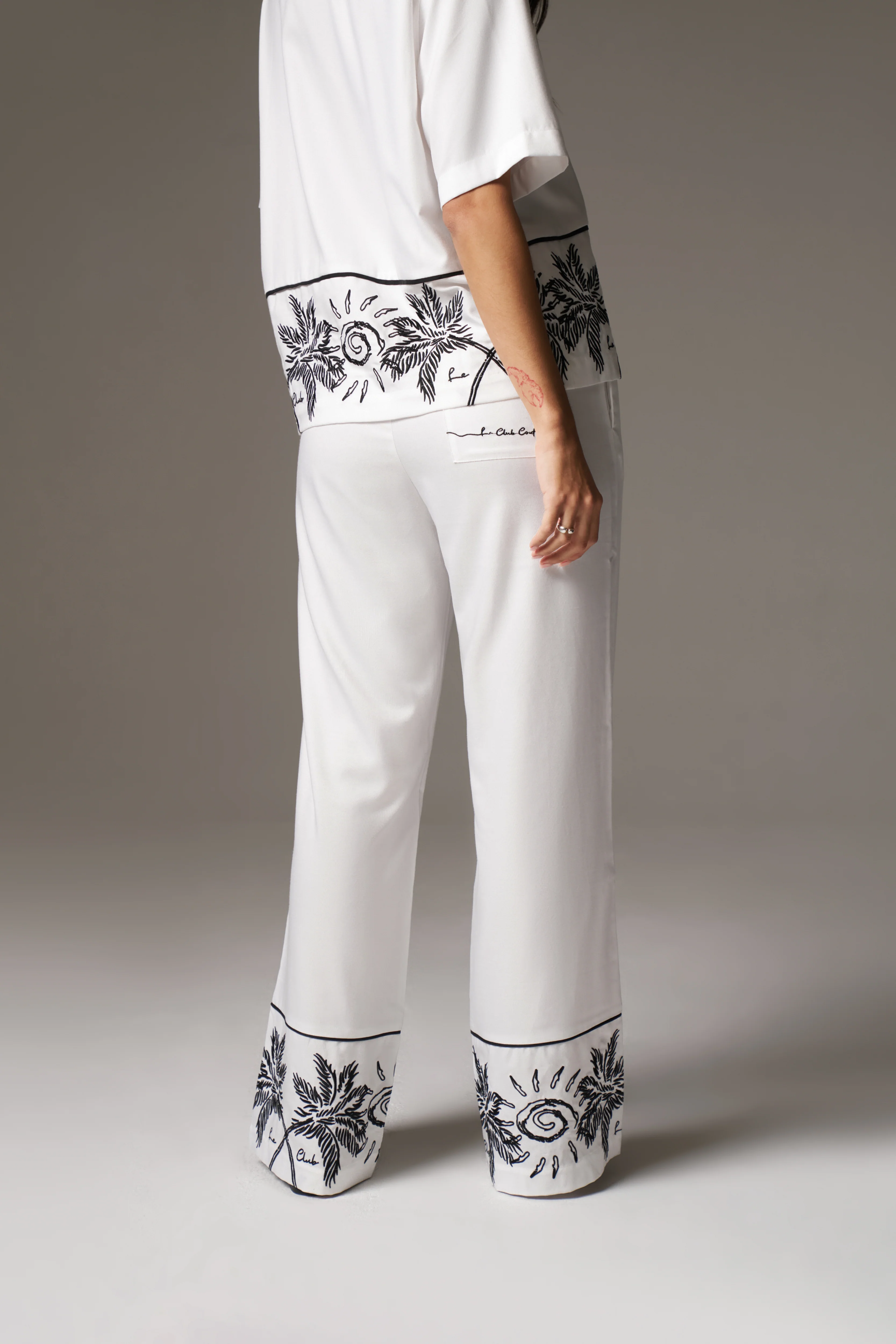 PALM EMBROIDERY WIDE LEG TROUSERS - WHITE - Image 4