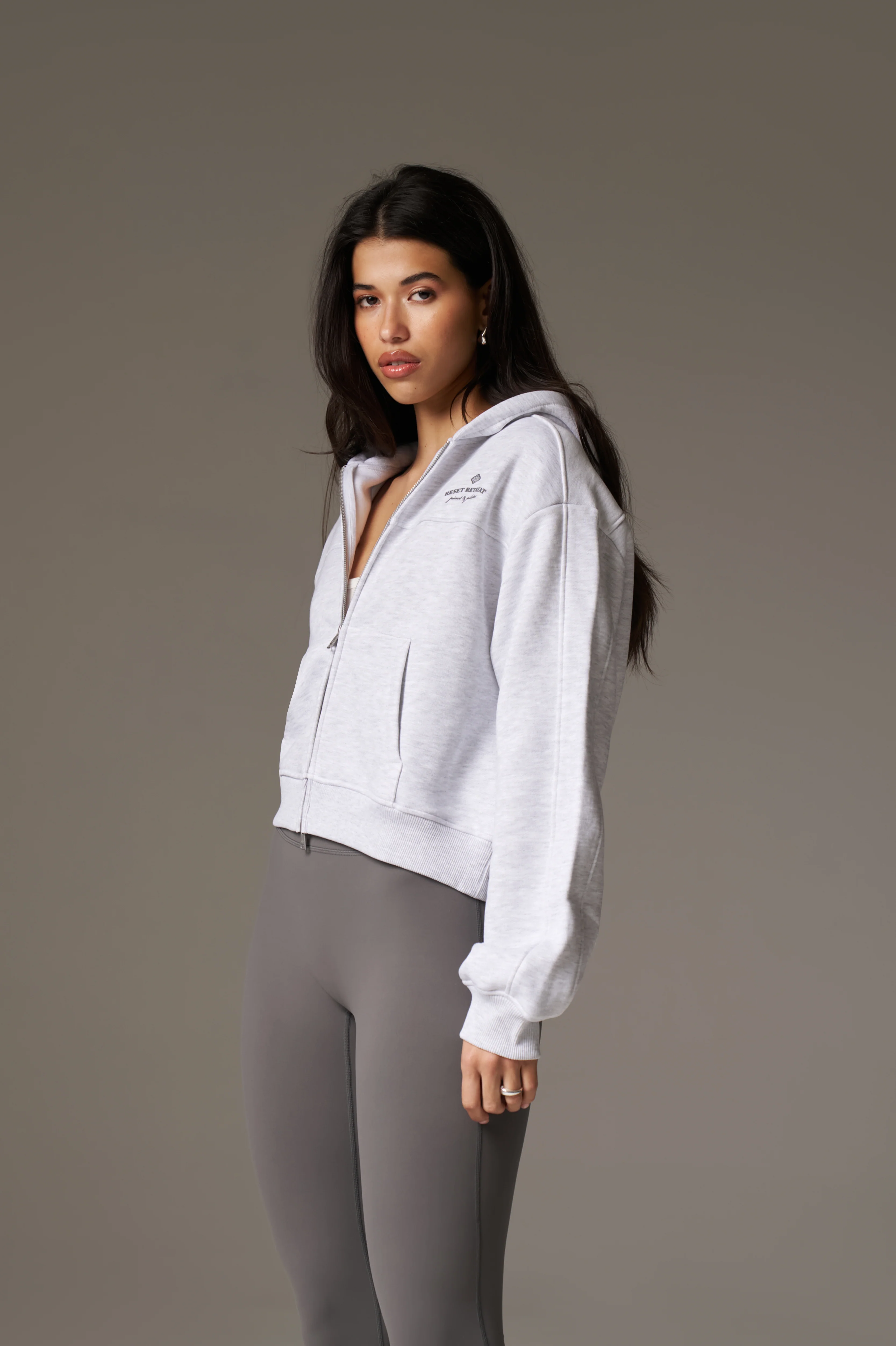 PILATES & PINOT ZIP THROUGH CROPPED HOODIE - GREY MARL - Image 5