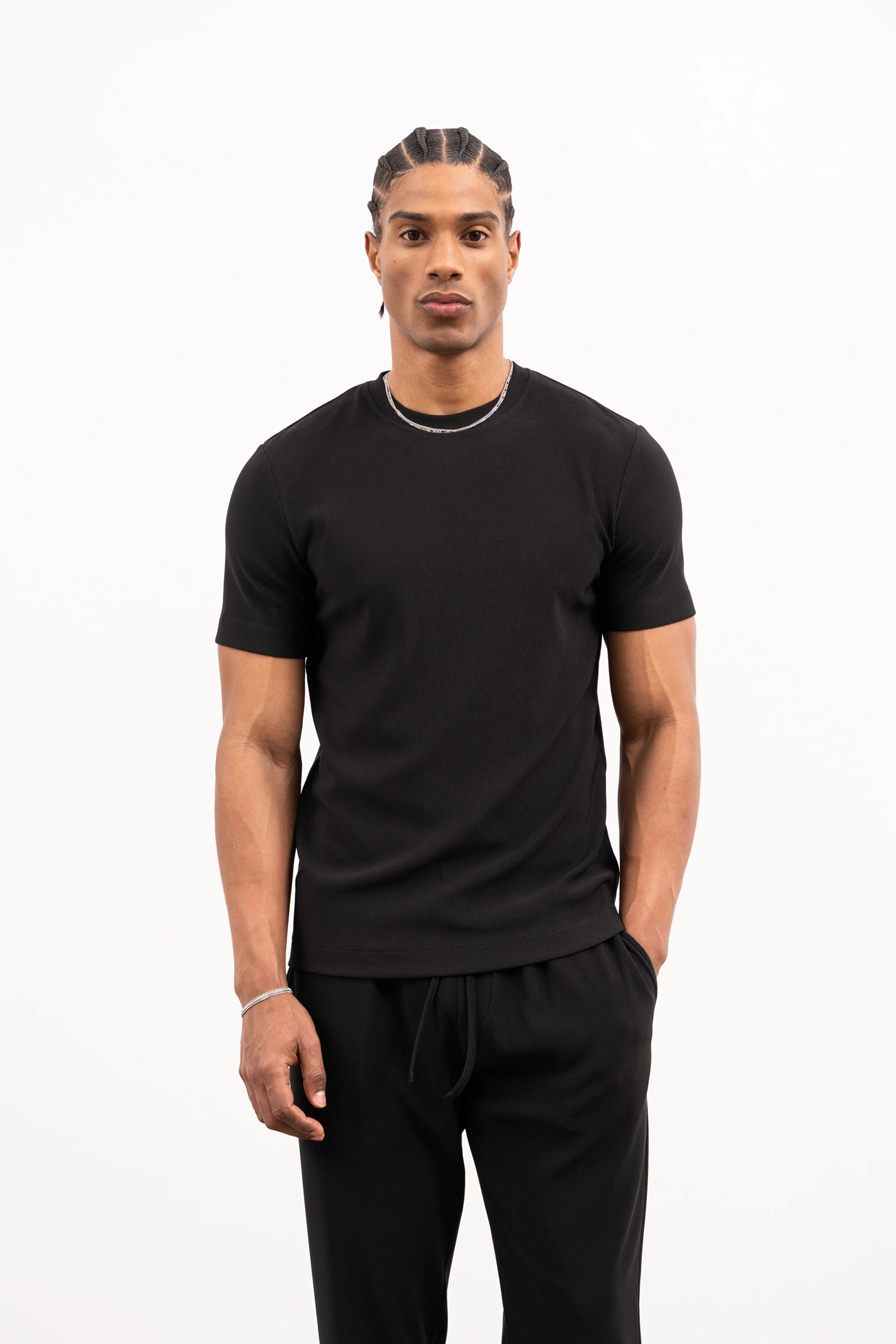 RIB TEXTURED T-SHIRT - BLACK - Image 2