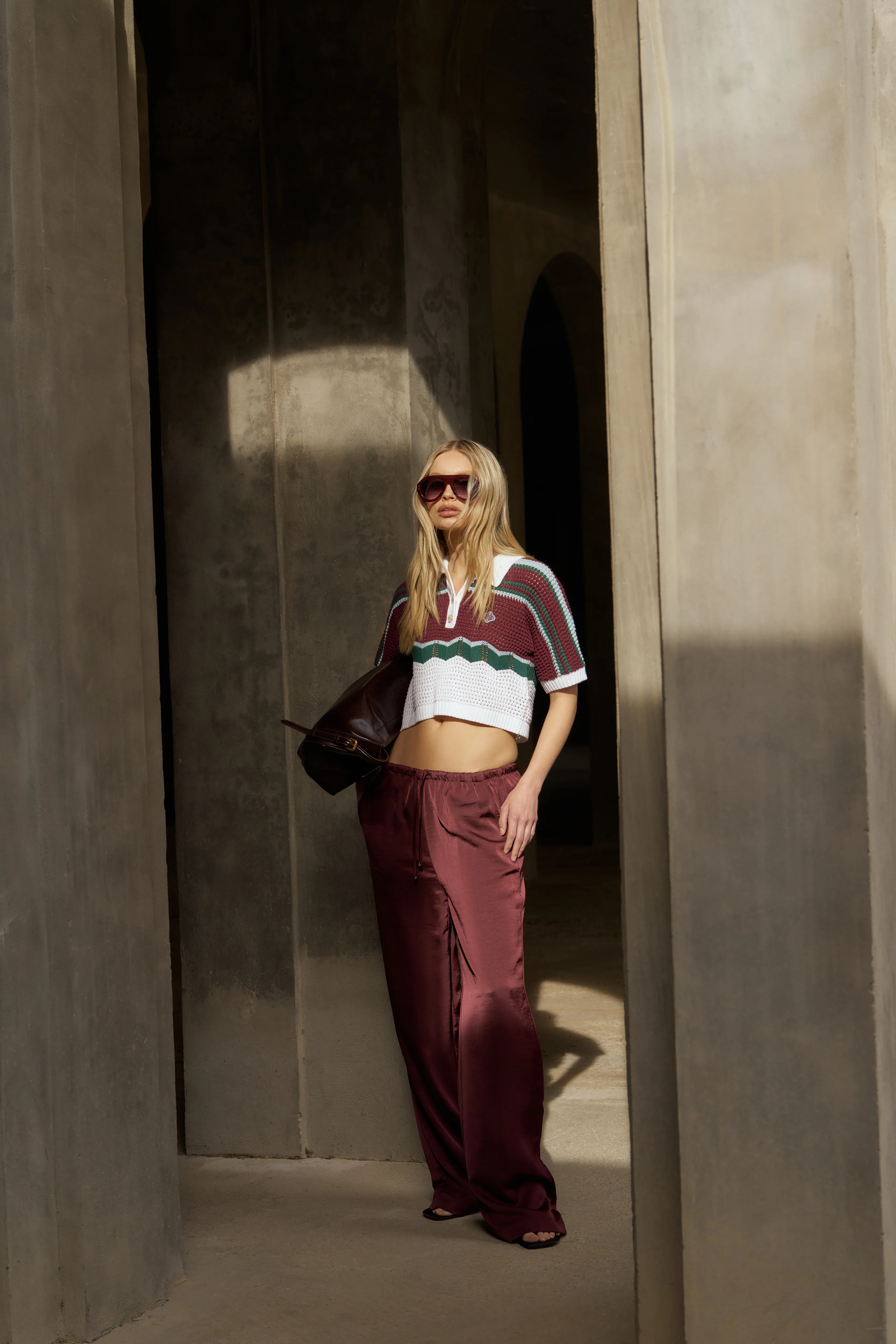 SATIN WIDE LEG EMBLEM TROUSERS - BURGUNDY - Image 2