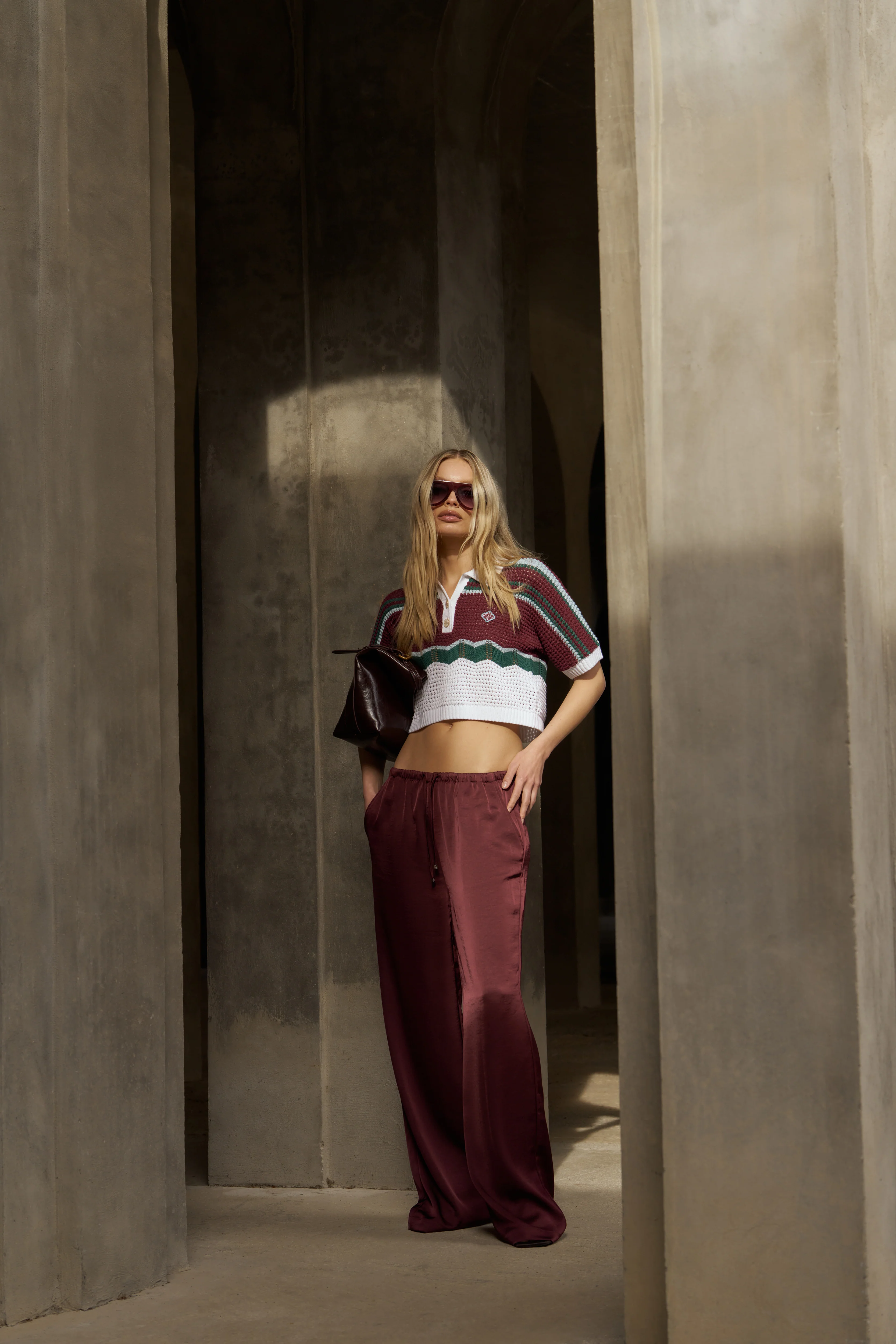 SATIN WIDE LEG EMBLEM TROUSERS - BURGUNDY - Image 3