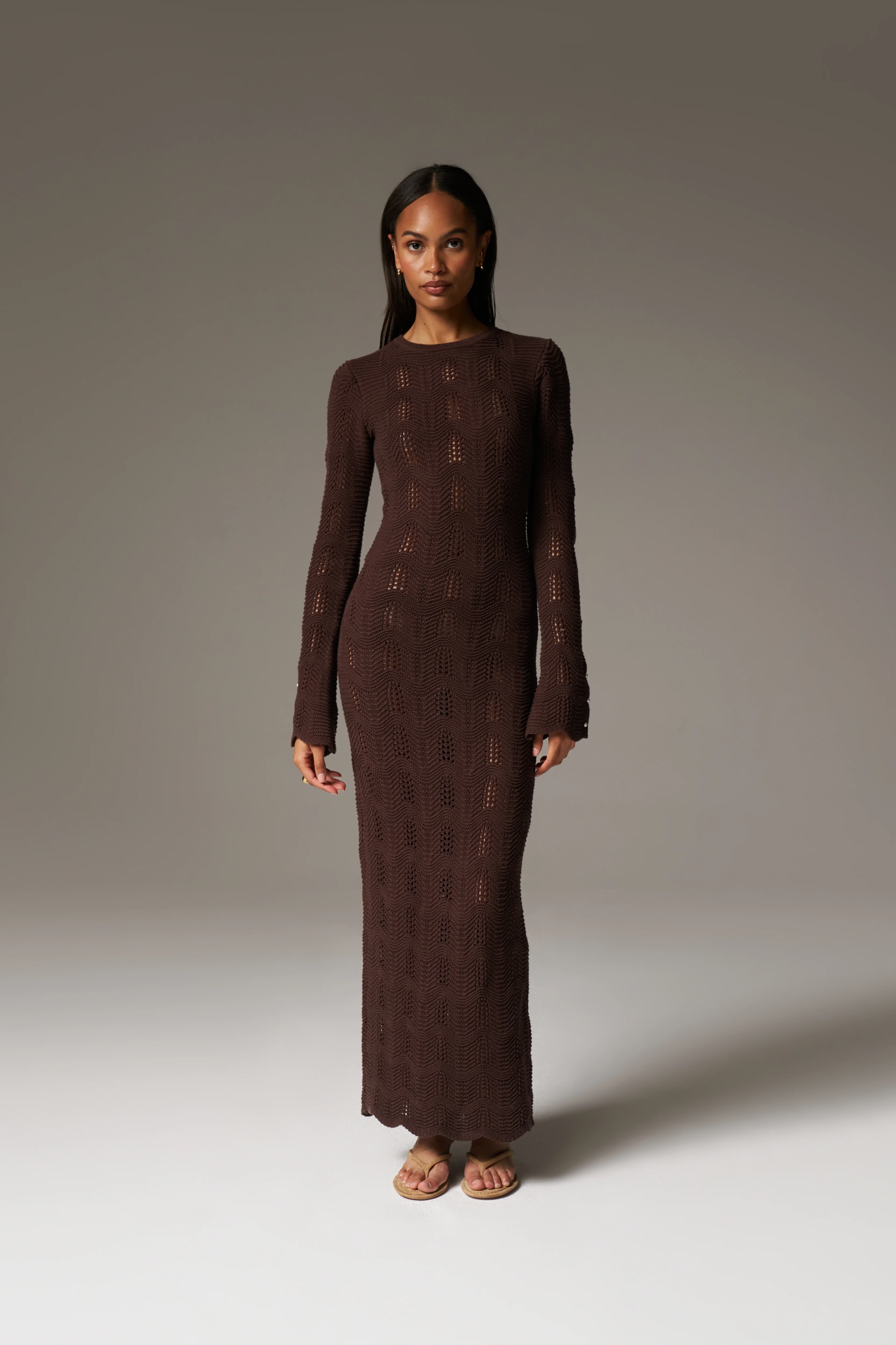 SCALLOP EDGE KNITTED MAXI DRESS - CHOCOLATE - Image 4