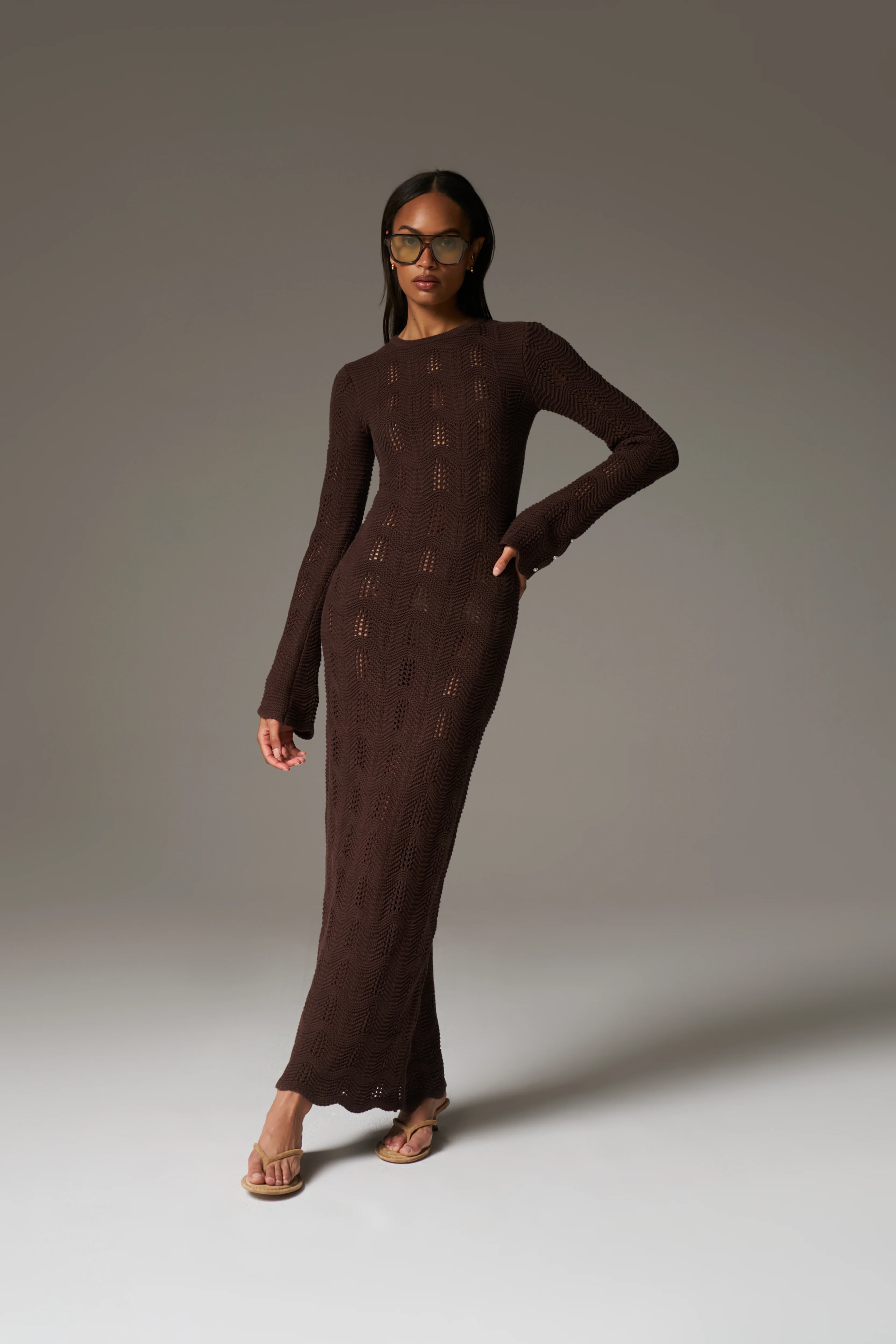 SCALLOP EDGE KNITTED MAXI DRESS - CHOCOLATE - Image 7