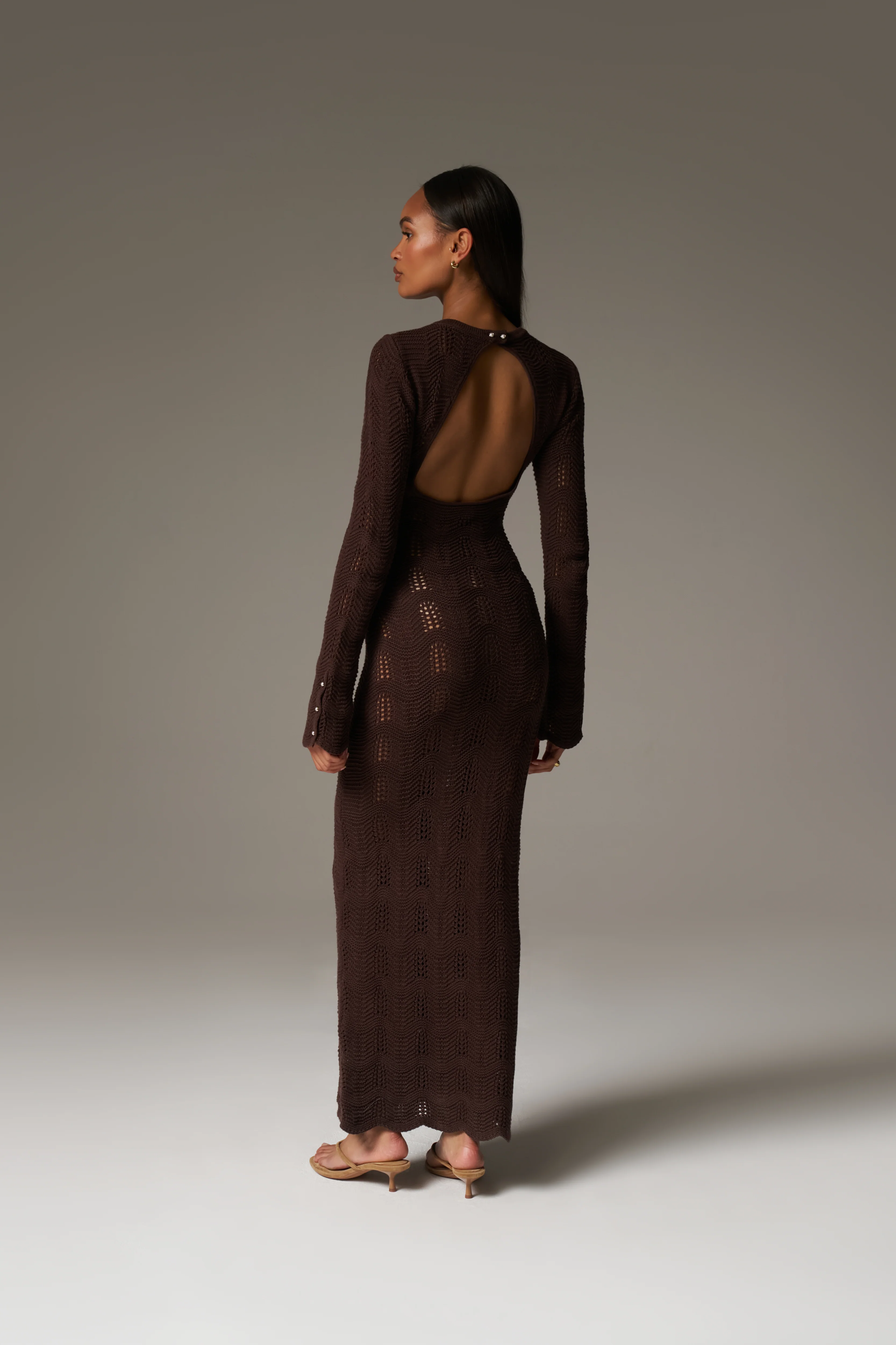 SCALLOP EDGE KNITTED MAXI DRESS - CHOCOLATE - Image 8