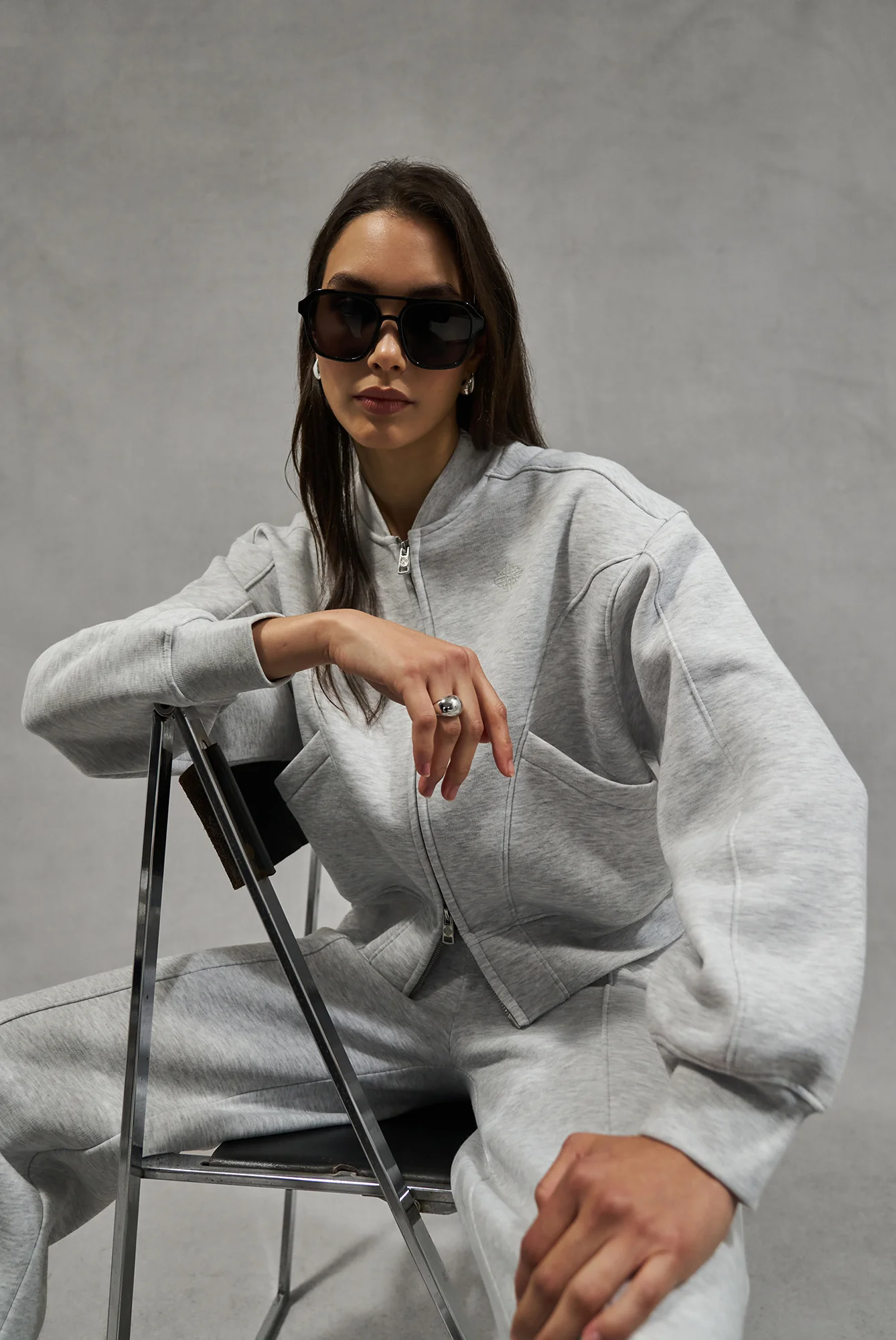 SEAM DETAIL OVERSIZED ZIP THROUGH BOMBER - GREY MARL - Image 8