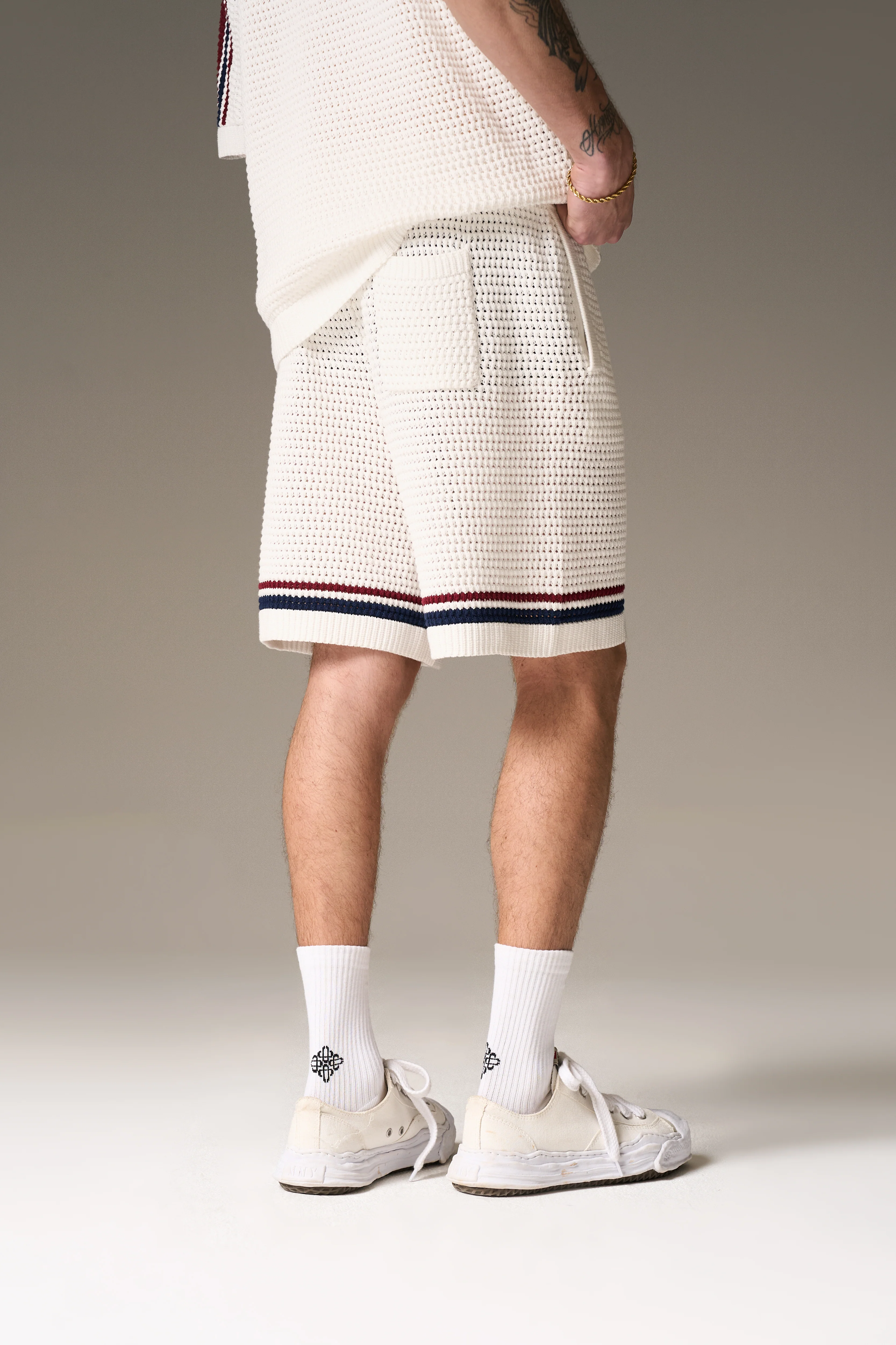 STRIPE CROCHET KNIT SHORTS - BURGUNDY - Image 6