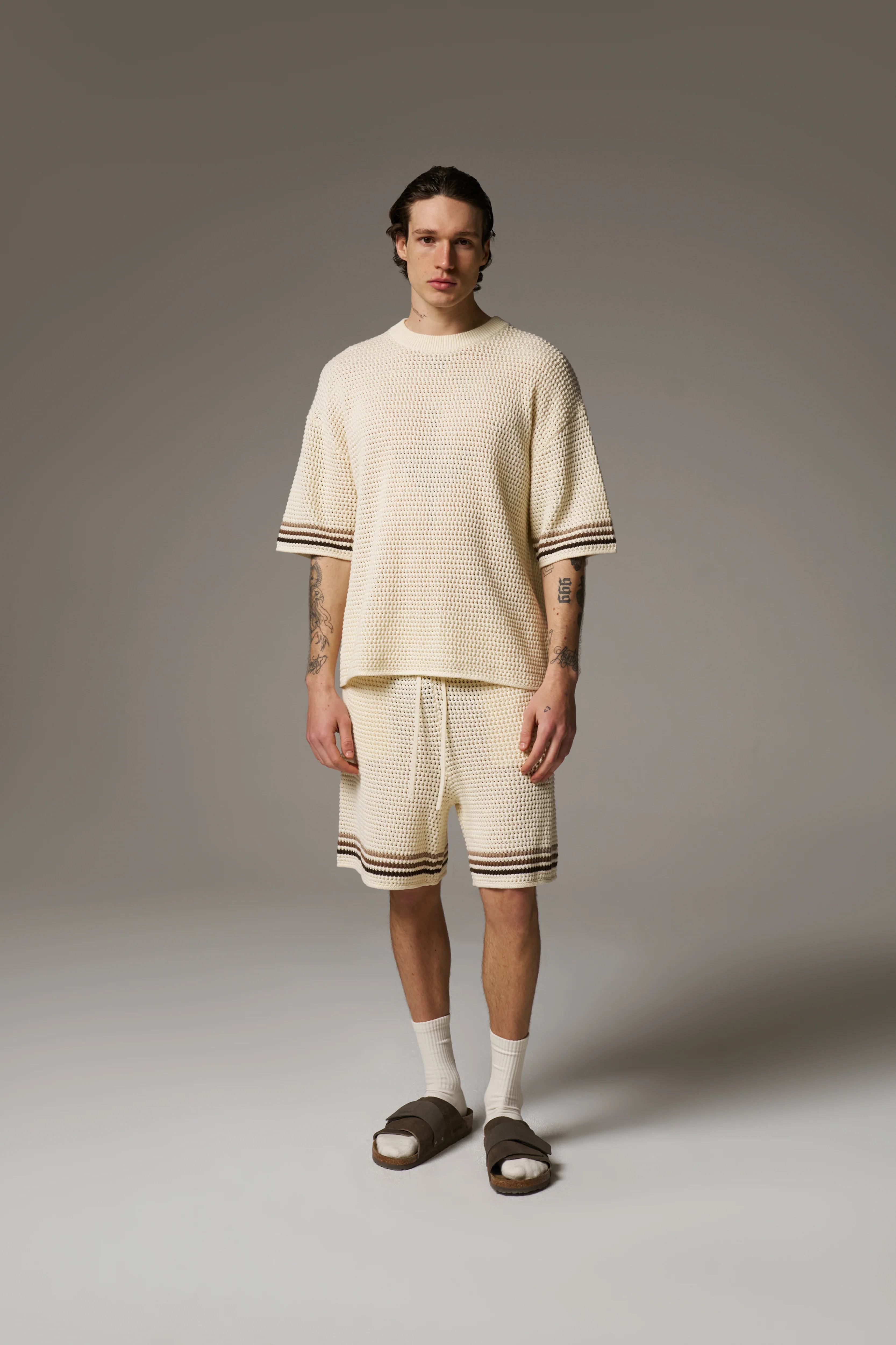 STRIPE CROCHET KNIT SHORTS - OFF WHITE - Image 3