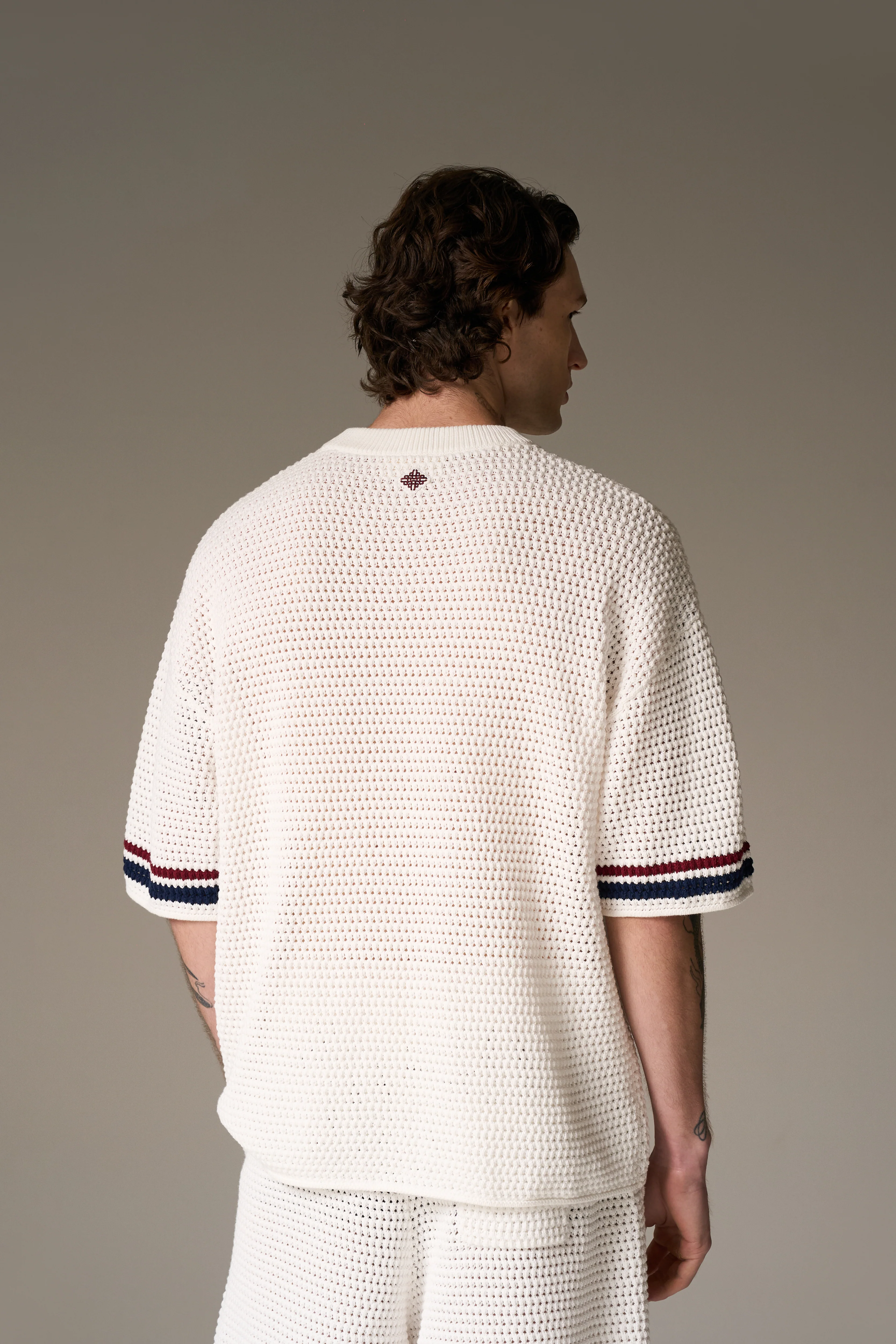 STRIPE CROCHET KNIT T-SHIRT - BURGUNDY - Image 8