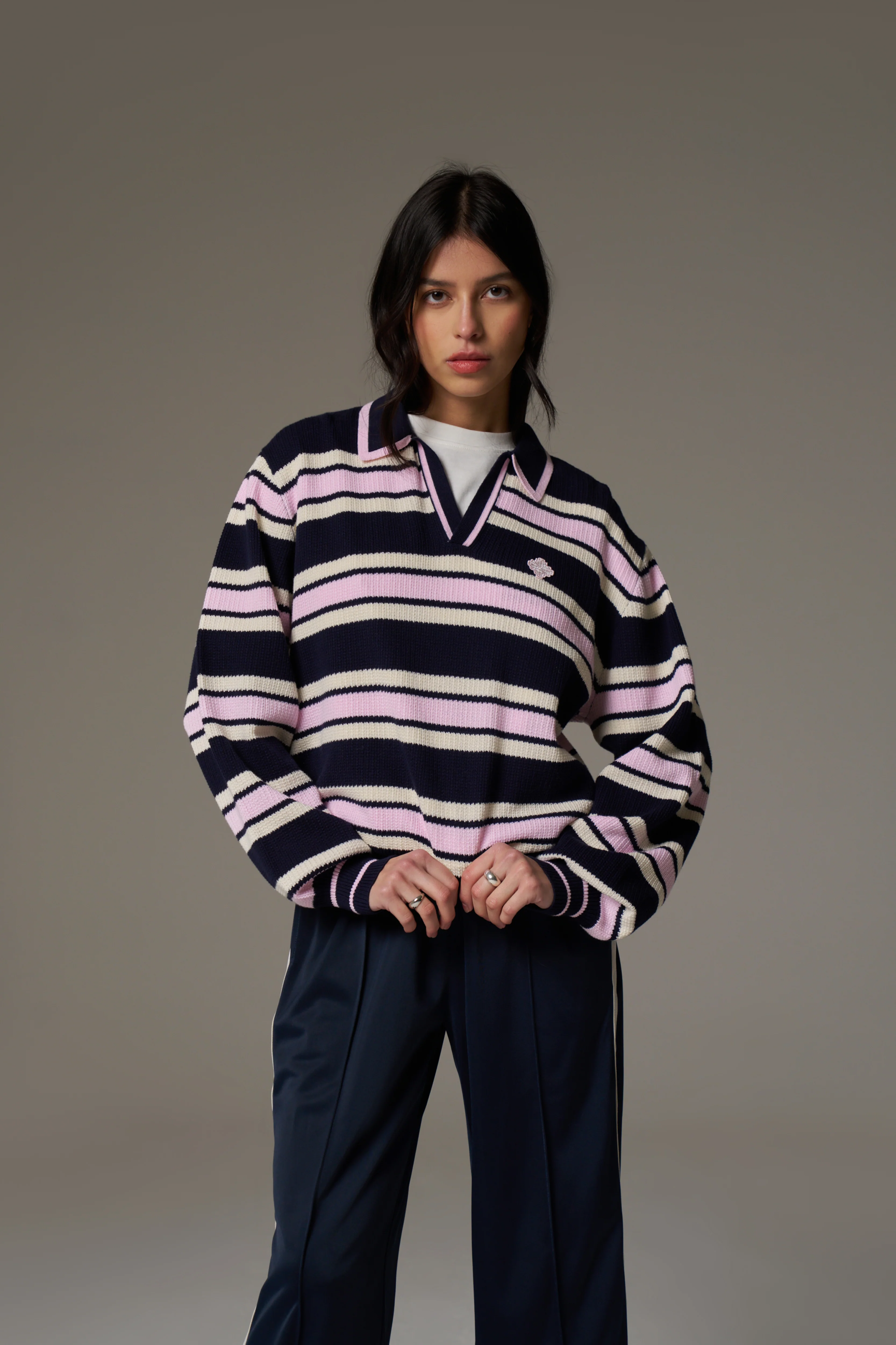 STRIPE KNITTED POLO SWEATSHIRT - NAVY - Image 4