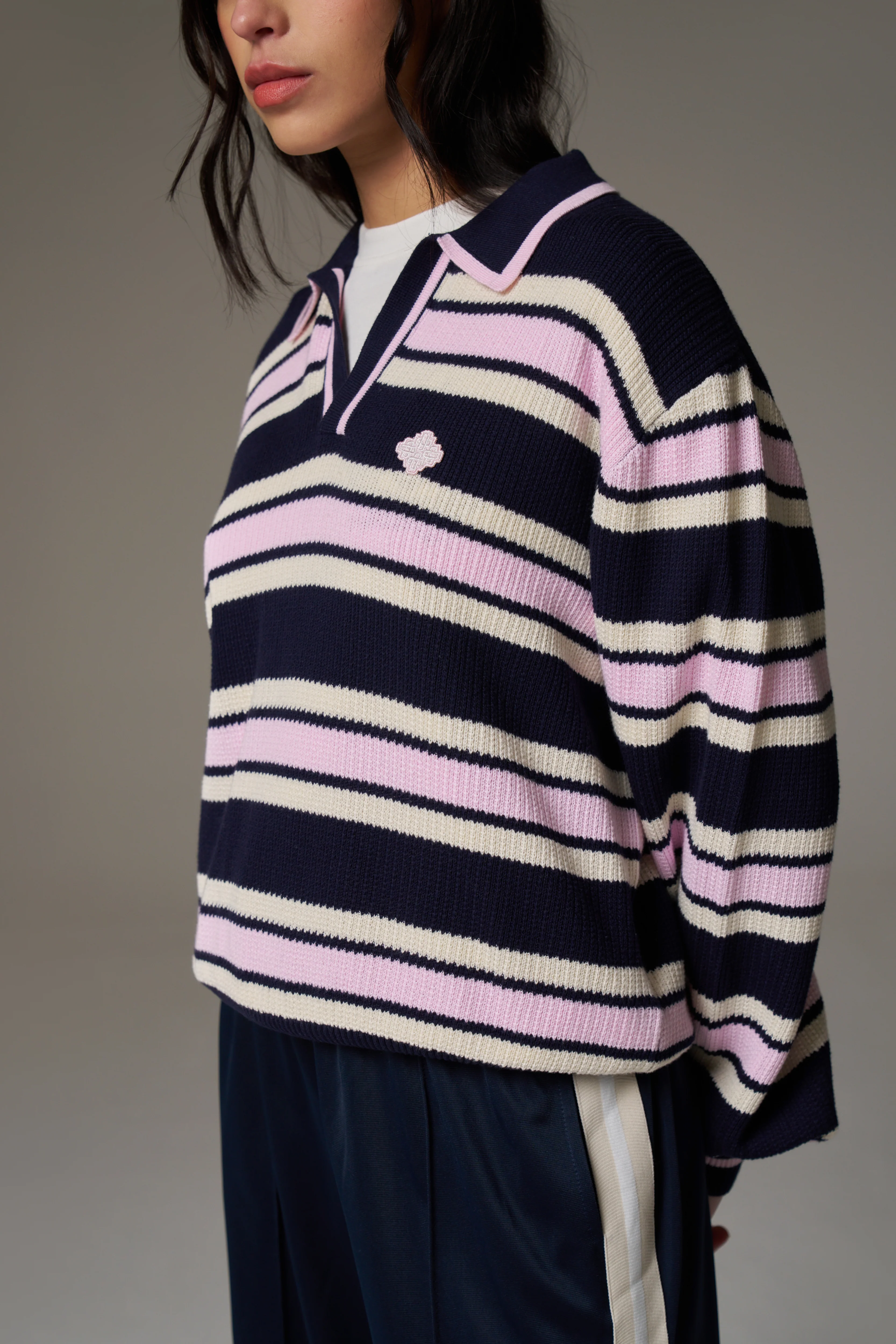 STRIPE KNITTED POLO SWEATSHIRT - NAVY - Image 6