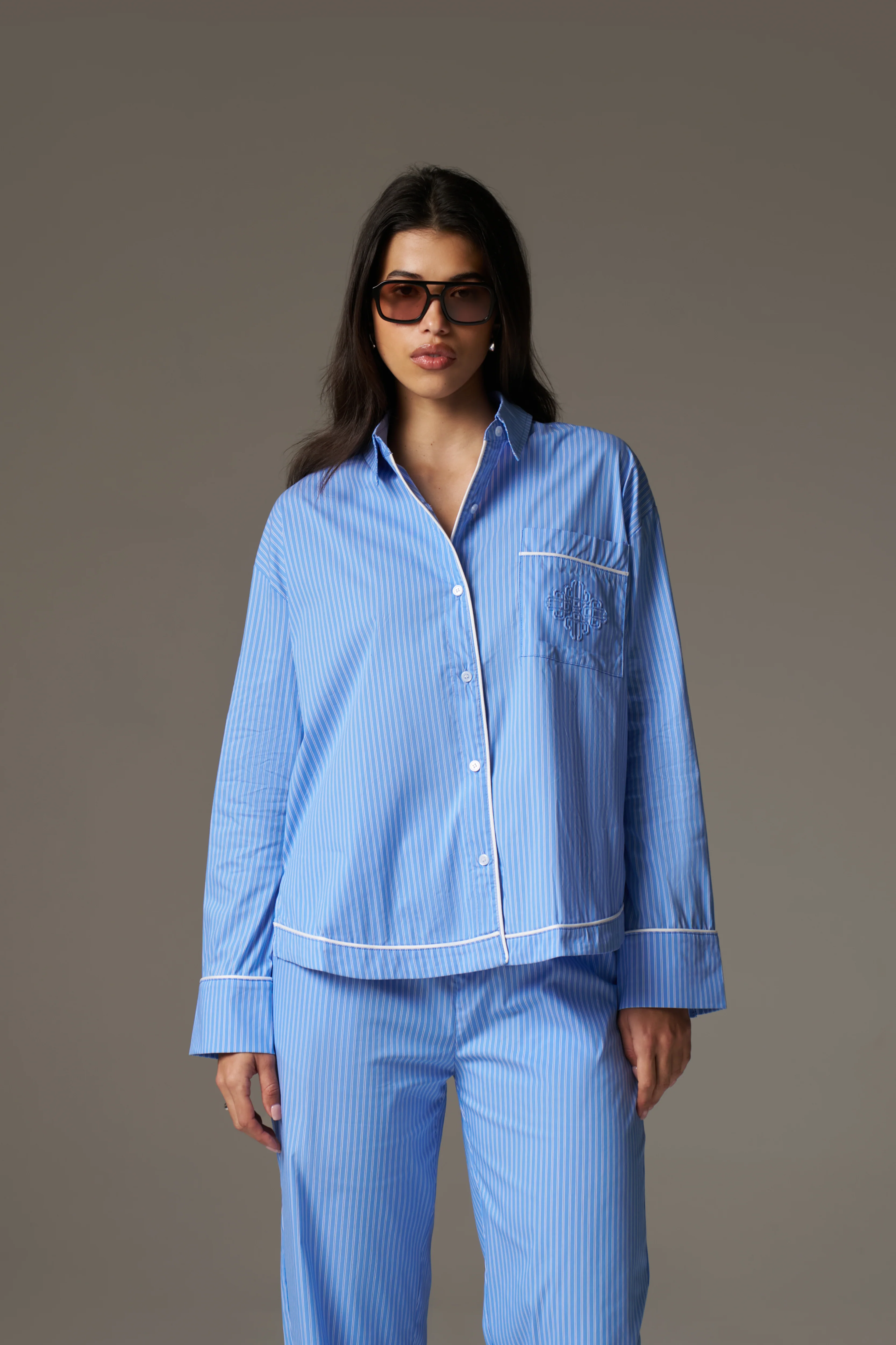 STRIPE PIPED EMBLEM SHIRT - BLUE - Image 8