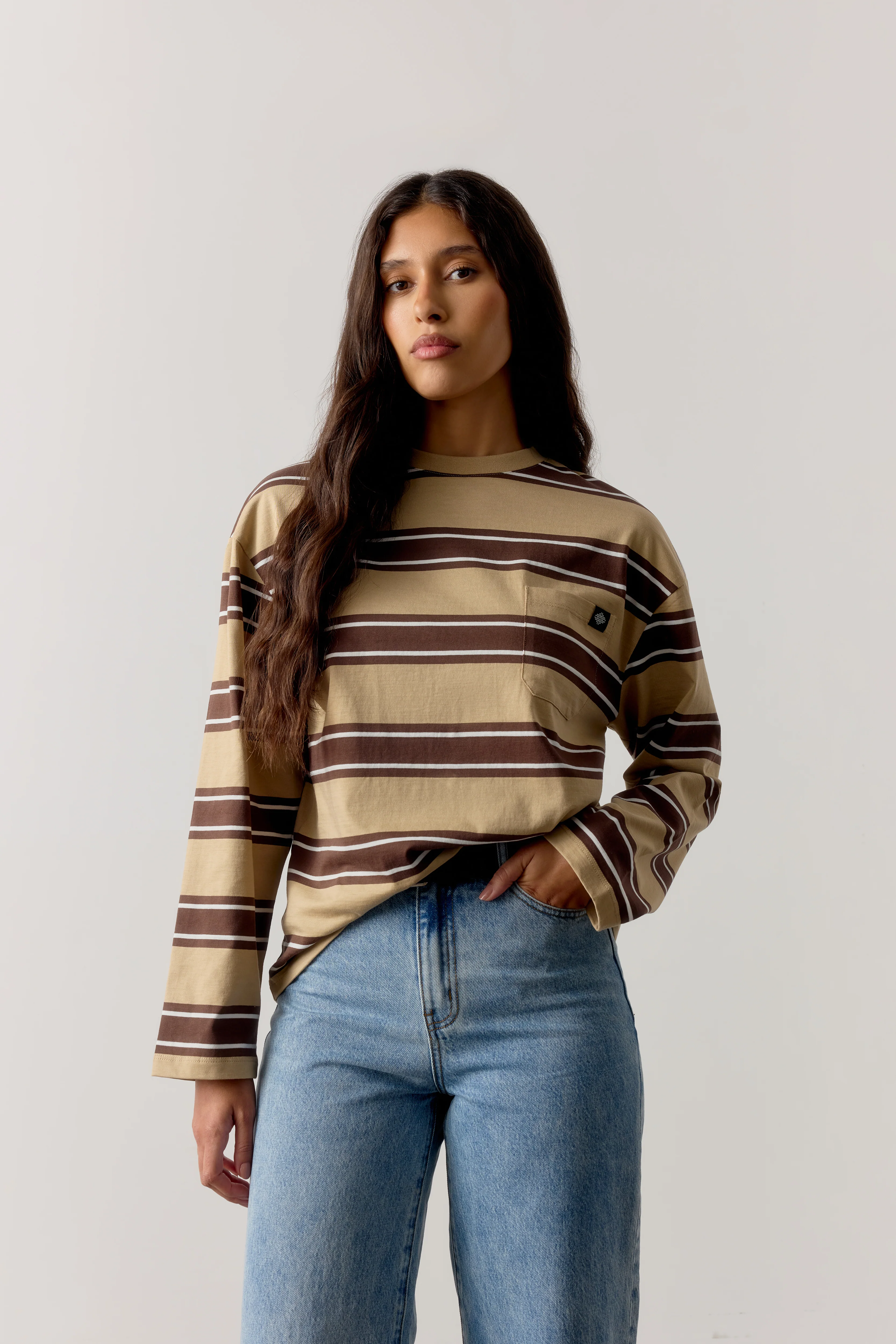 STRIPE POCKET LONG SLEEVE T SHIRT - CHOCOLATE - Image 2