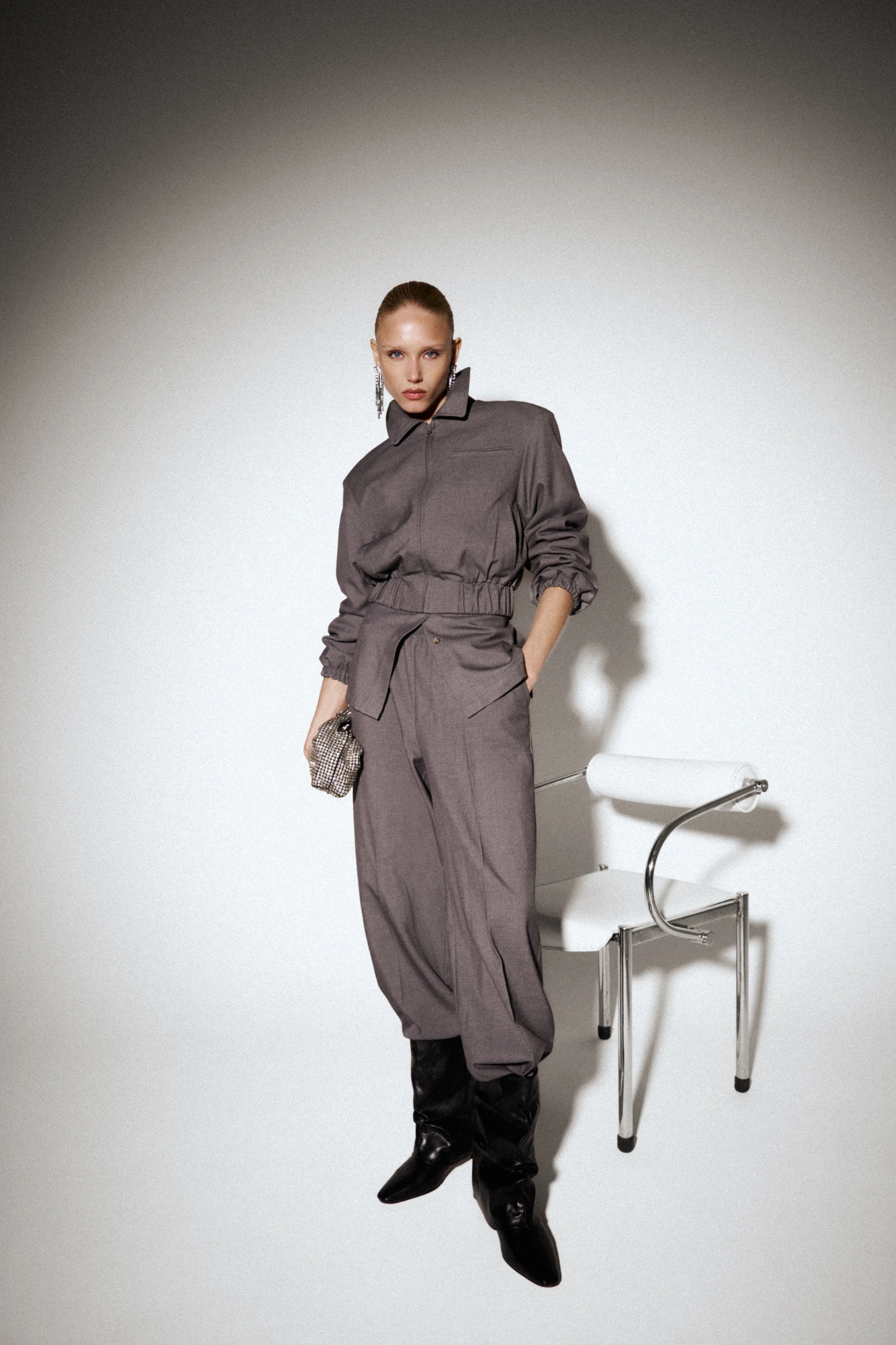 TAILORED SHOULDER PADDED BOMBER JACKET - GREY - Image 5
