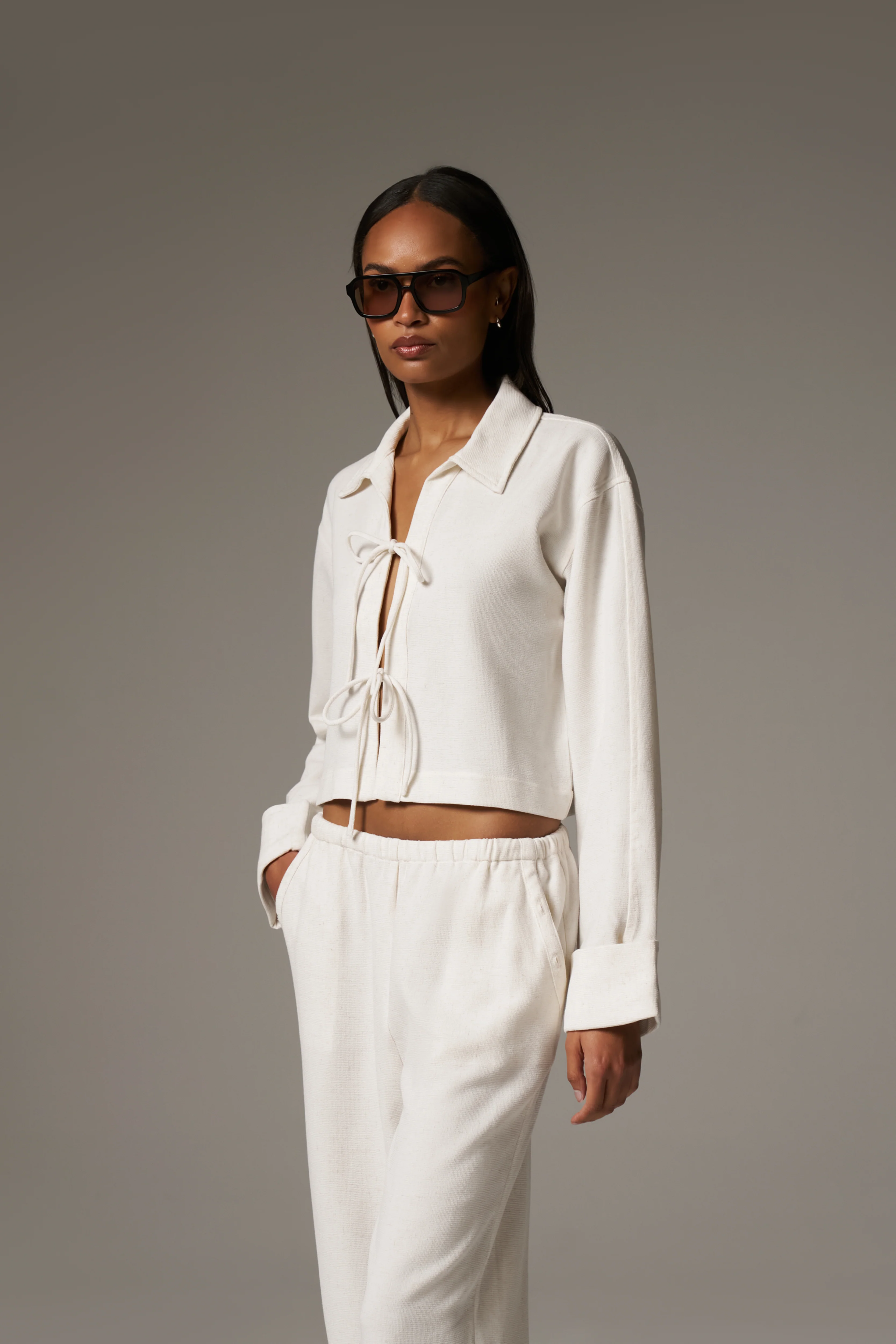 TEXTURED LINEN TIE FRONT SHIRT - BEIGE - Image 9