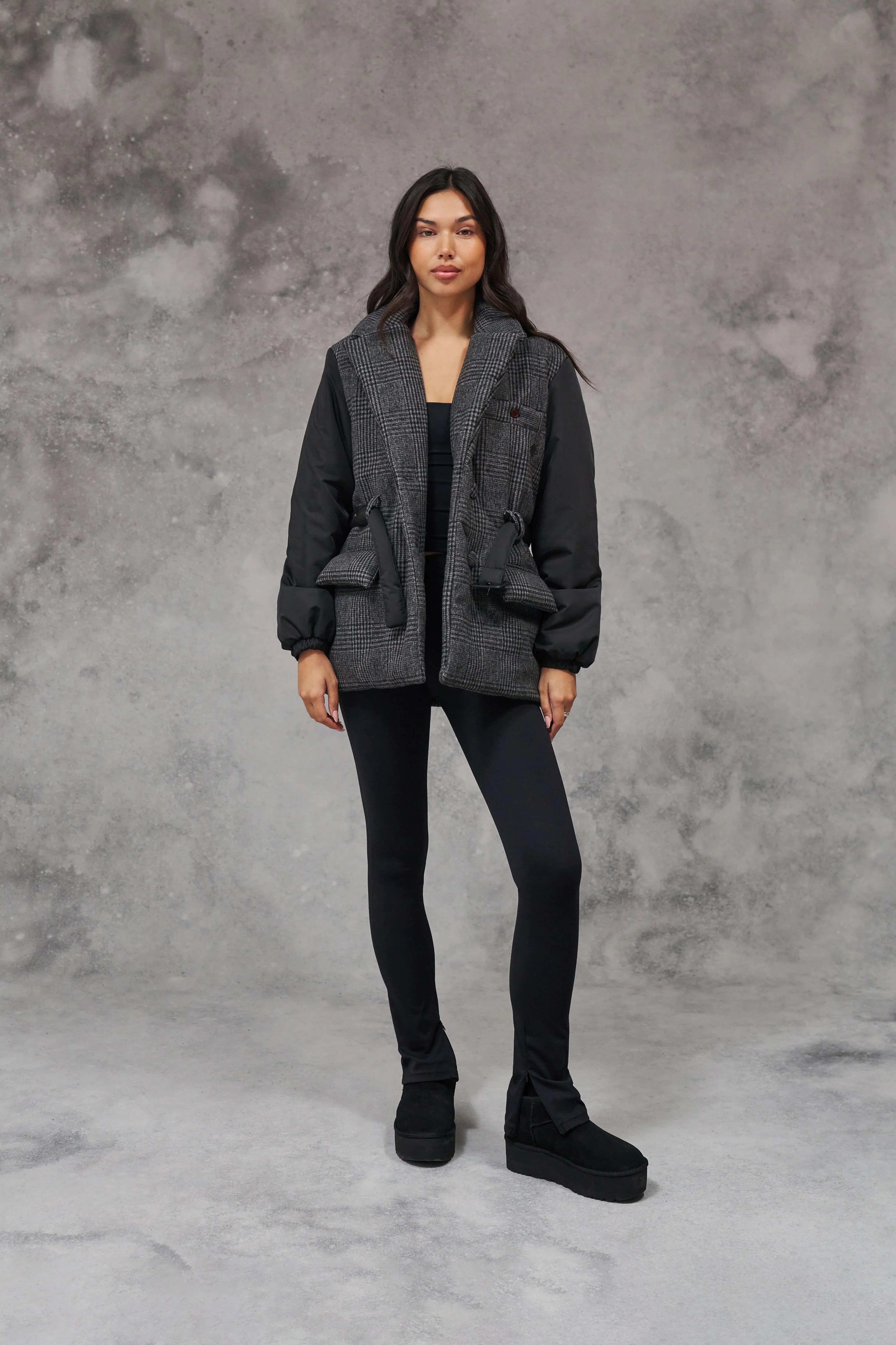 TONAL CHECK PADDED BLAZER COAT - BLACK - Image 3