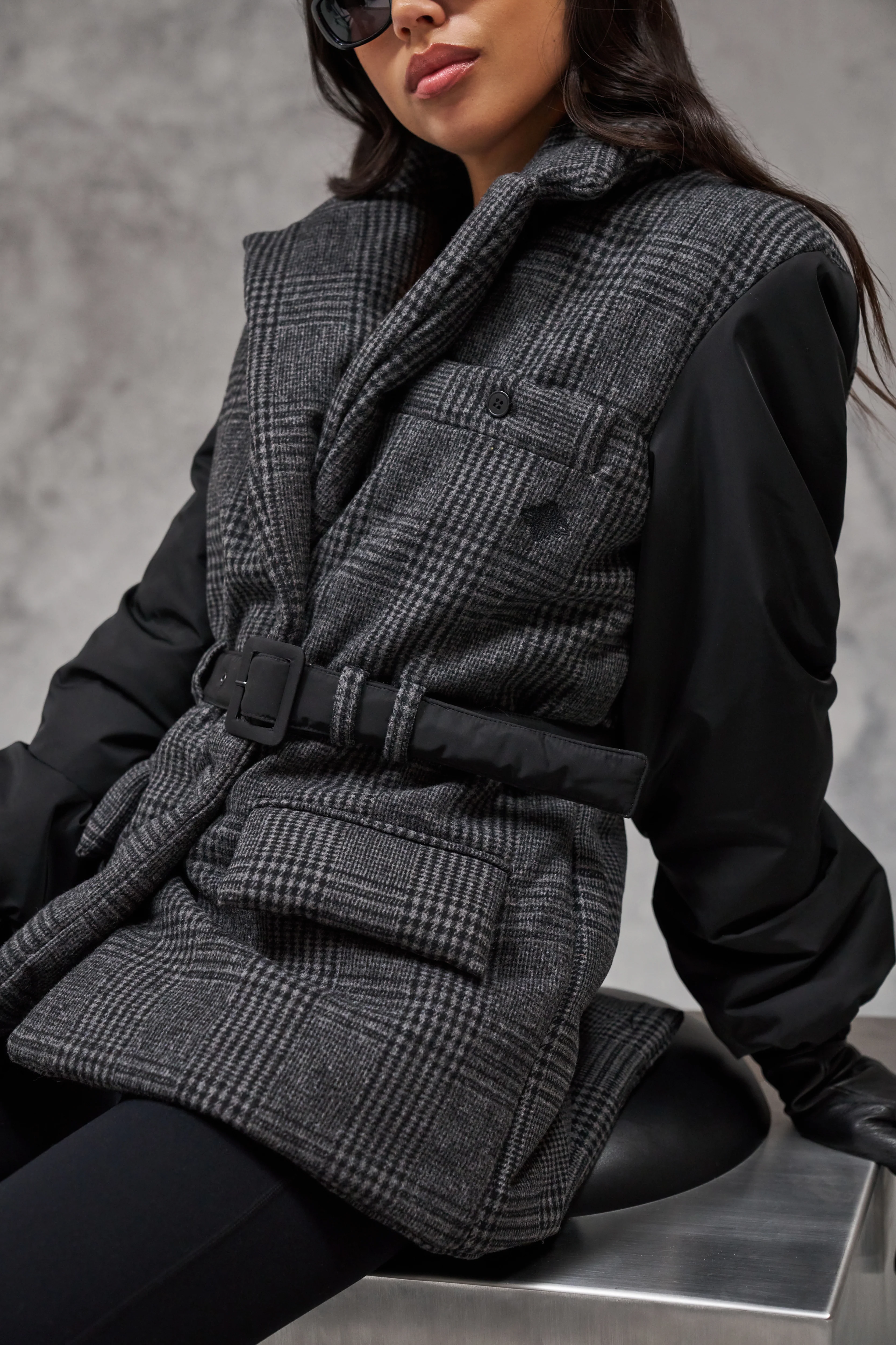 TONAL CHECK PADDED BLAZER COAT - BLACK - Image 5