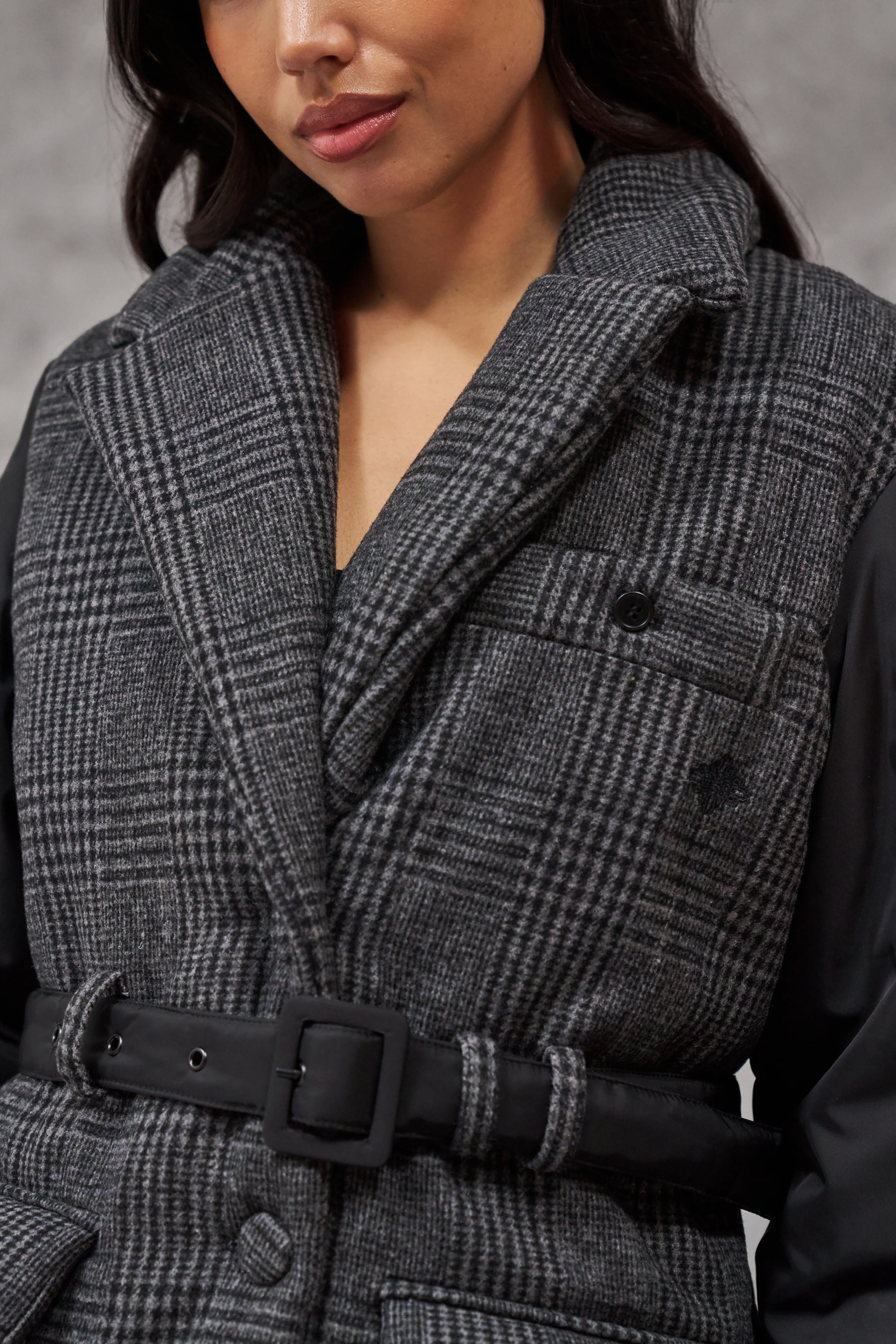 TONAL CHECK PADDED BLAZER COAT - BLACK - Image 6