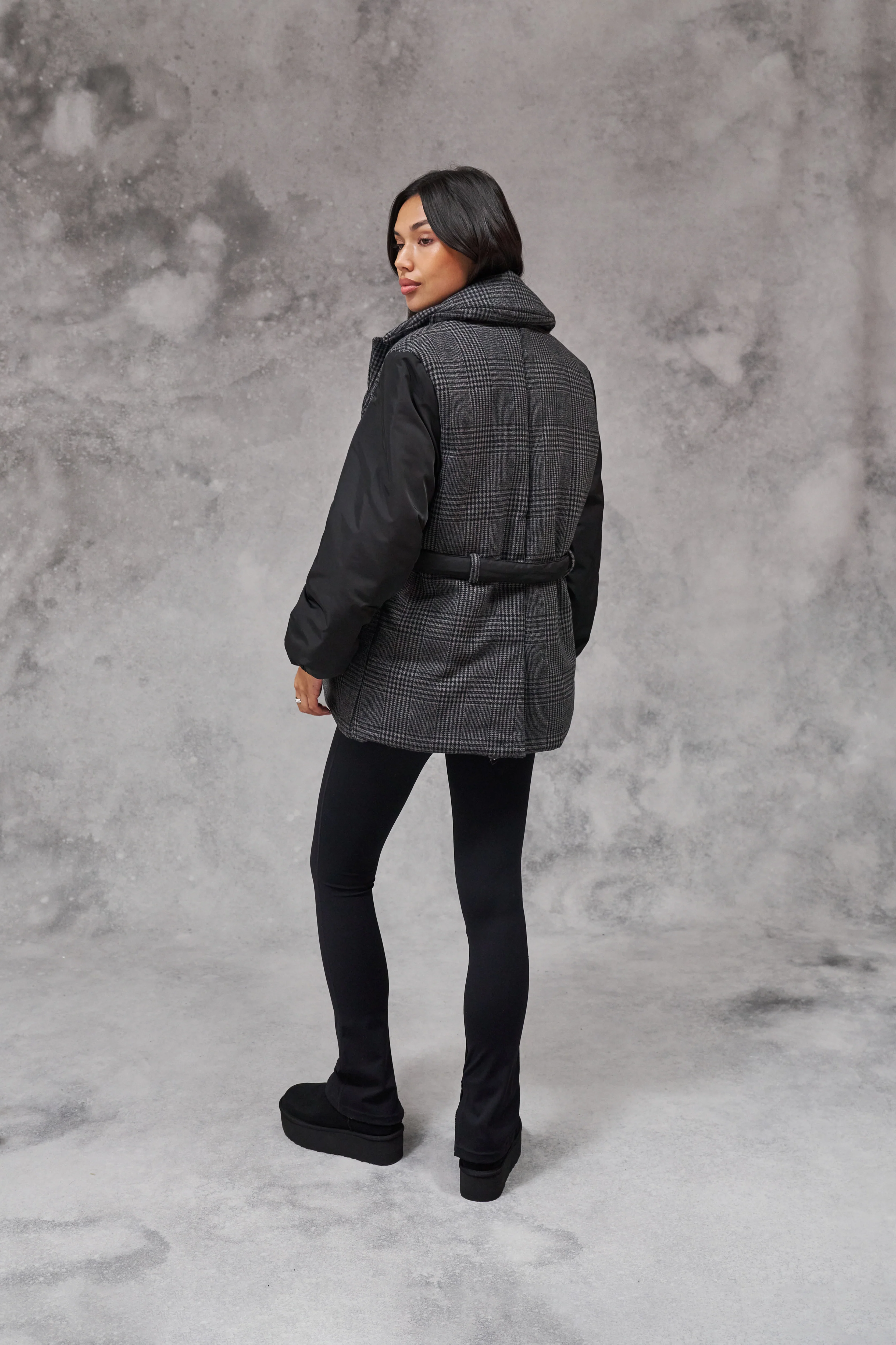 TONAL CHECK PADDED BLAZER COAT - BLACK - Image 7