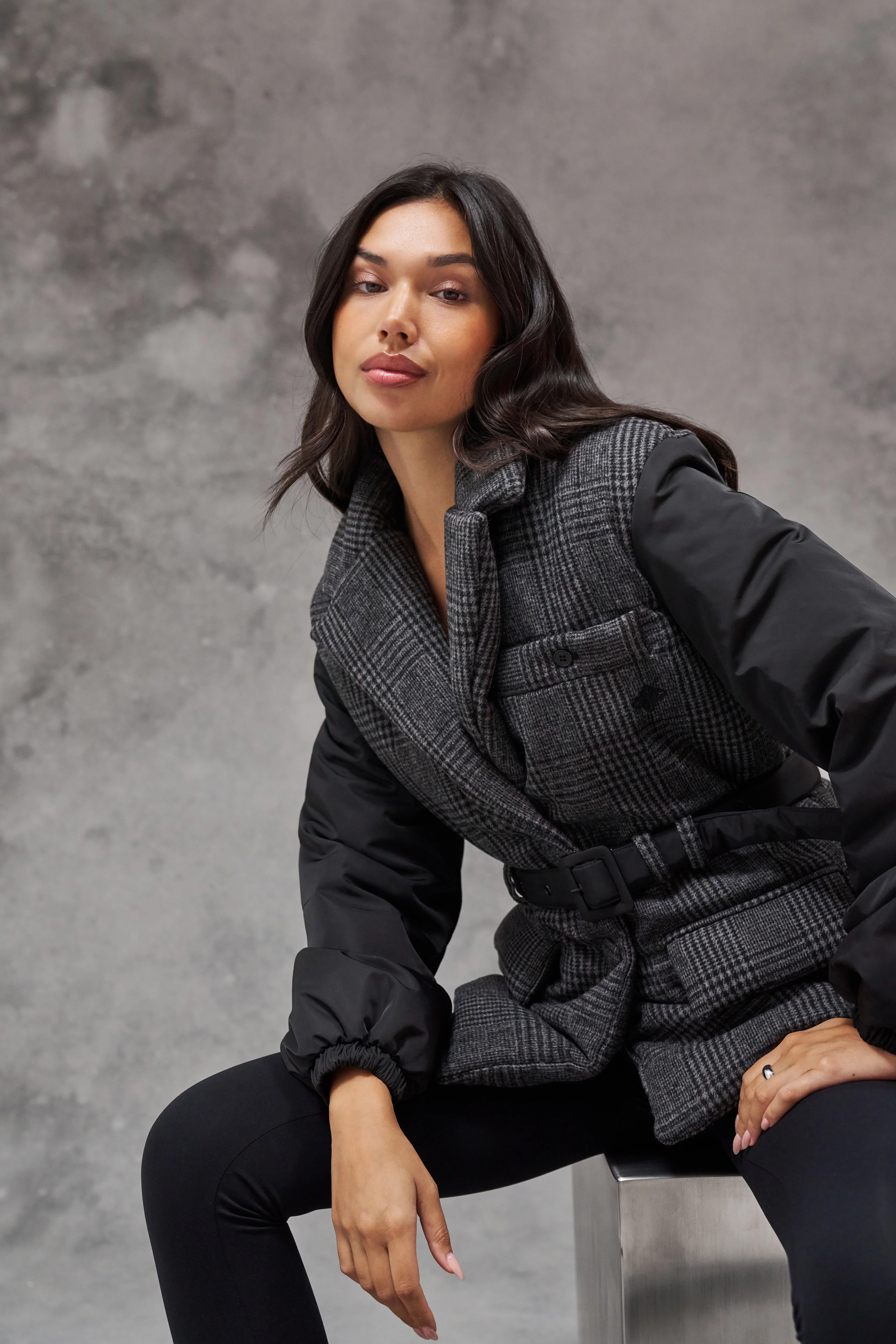 TONAL CHECK PADDED BLAZER COAT - BLACK - Image 8