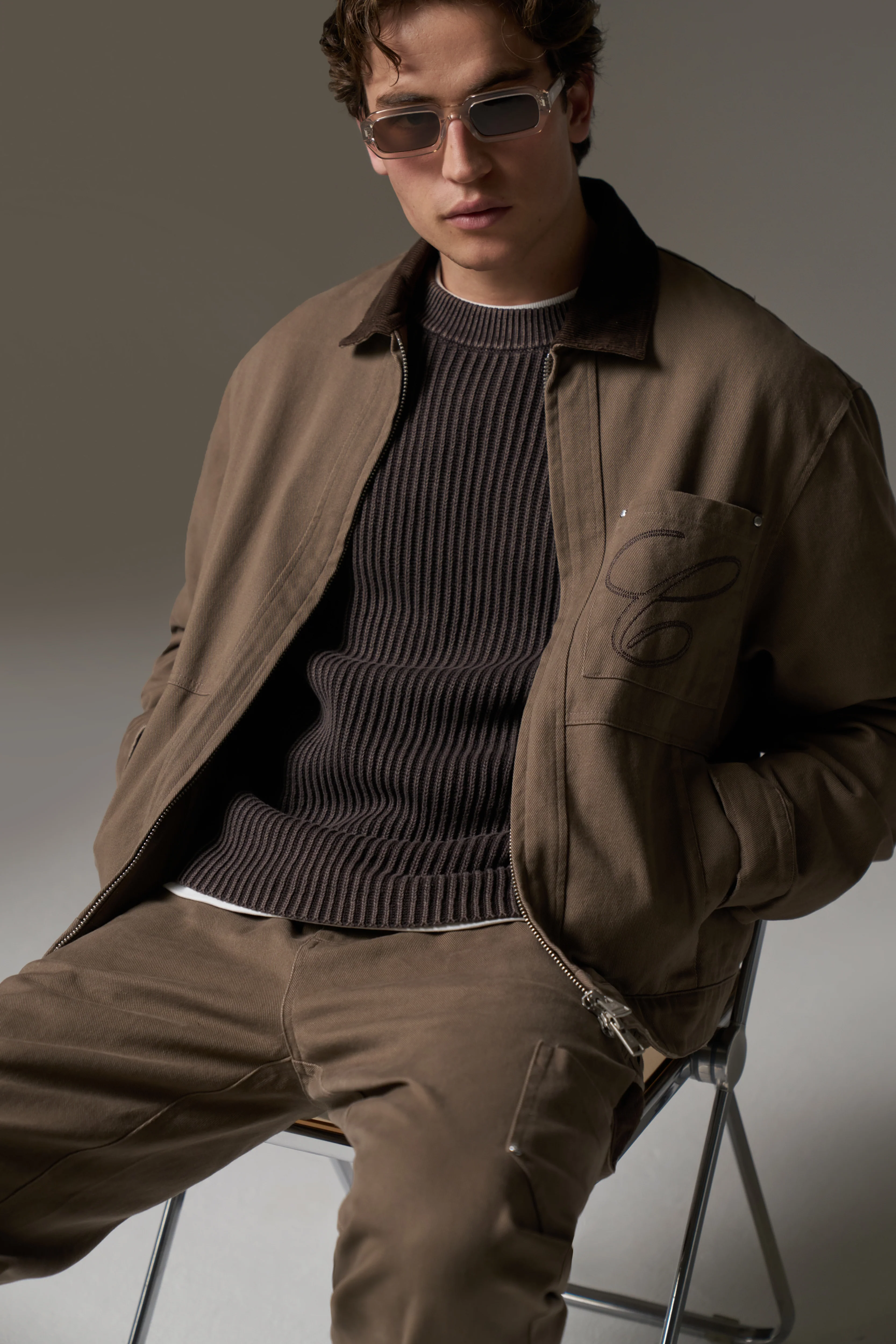 TWILL CONTRAST COLLAR JACKET - WASHED BROWN - Image 8