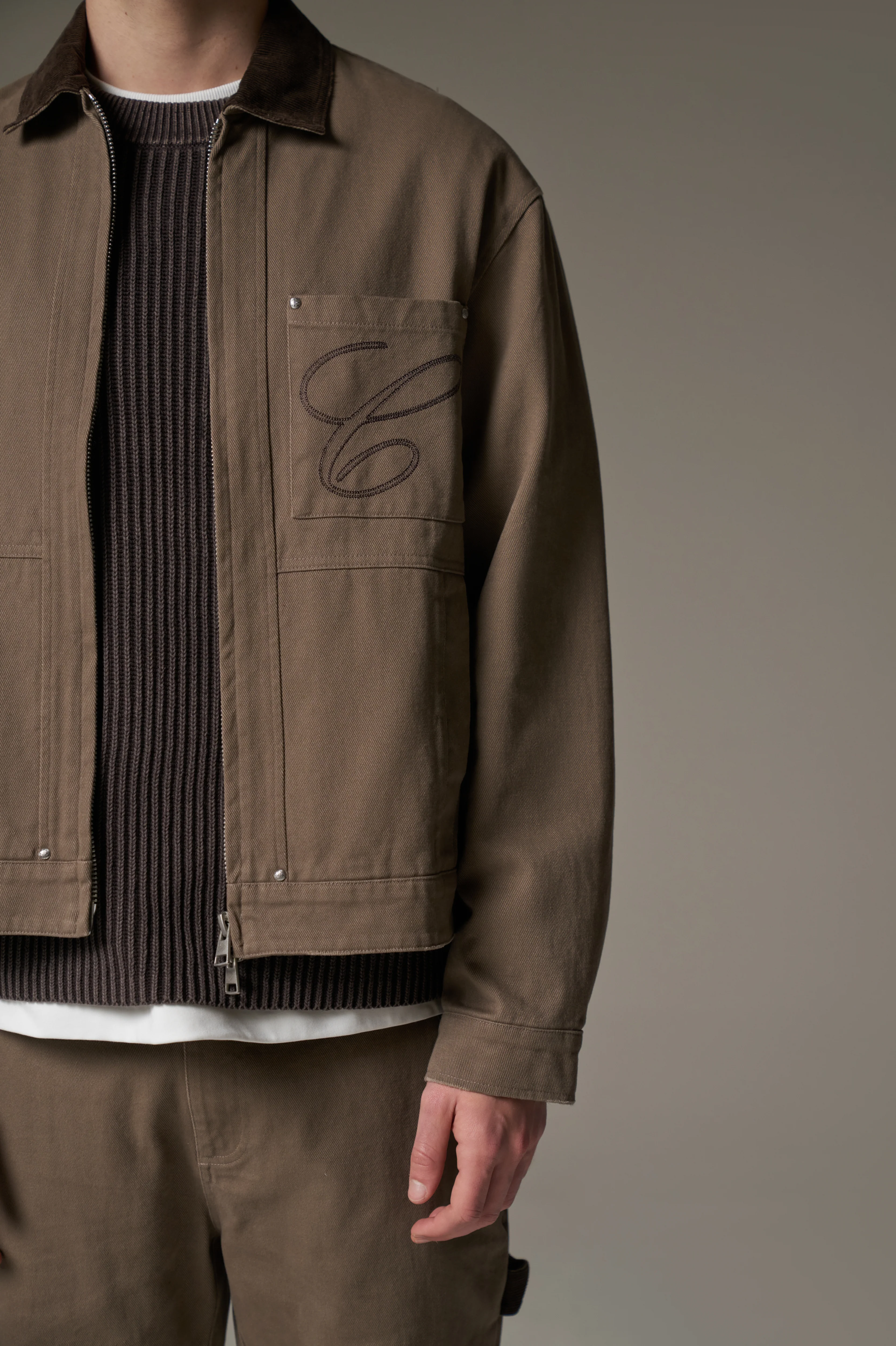 TWILL CONTRAST COLLAR JACKET - WASHED BROWN - Image 9