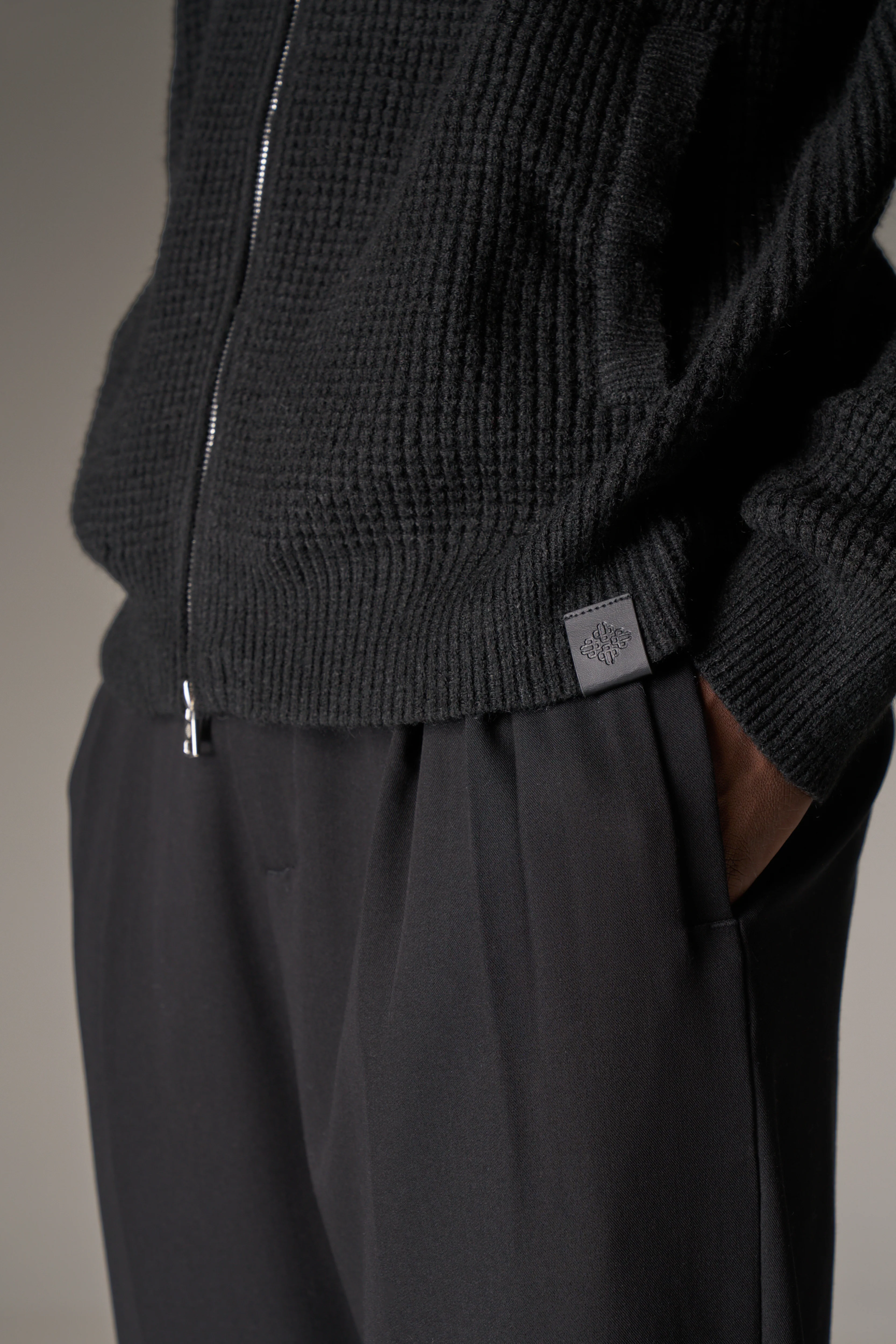 WAFFLE KNIT FUNNEL NECK ZIP THROUGH - BLACK - Image 6