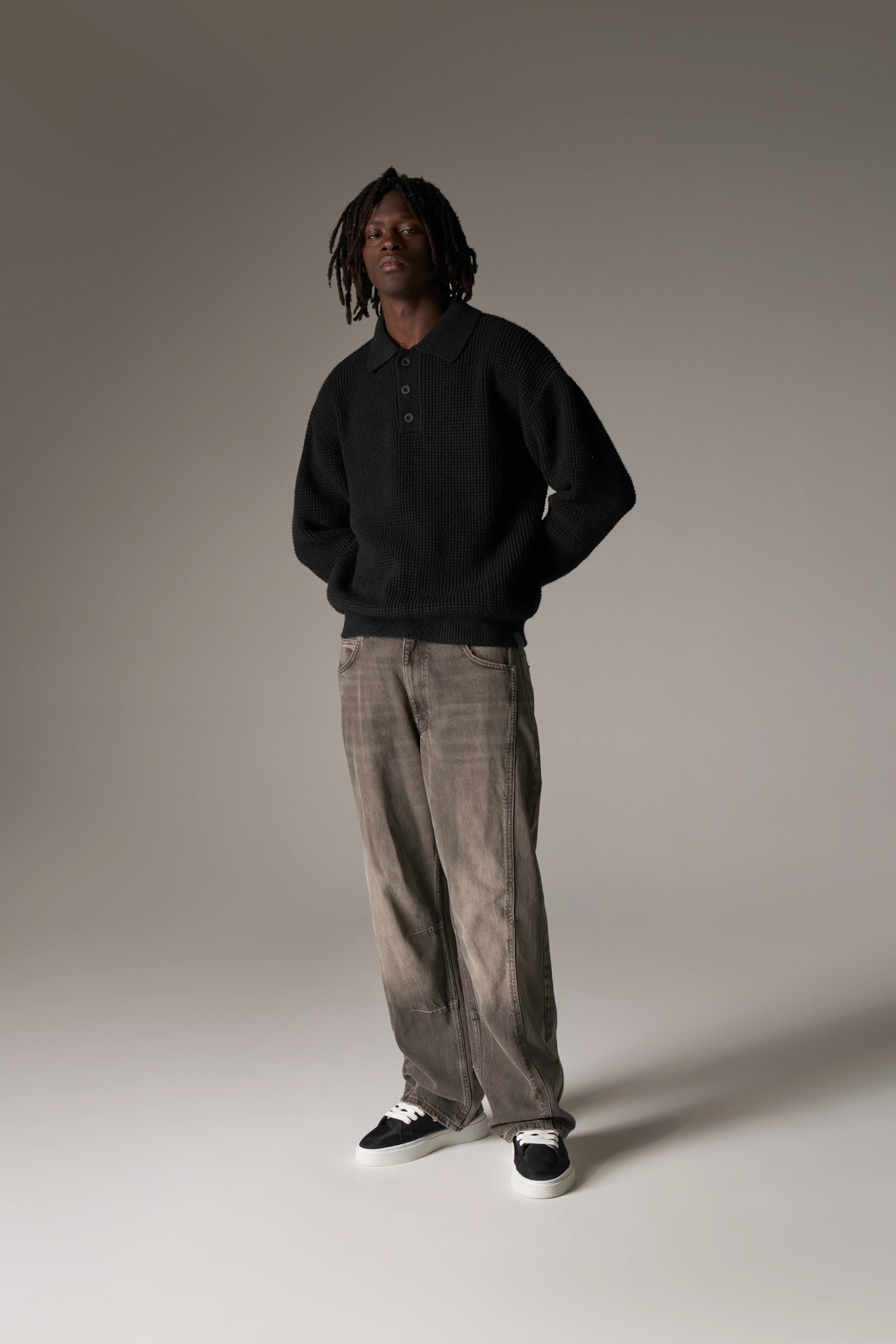 WAFFLE KNIT LONG SLEEVE POLO - BLACK - Image 3