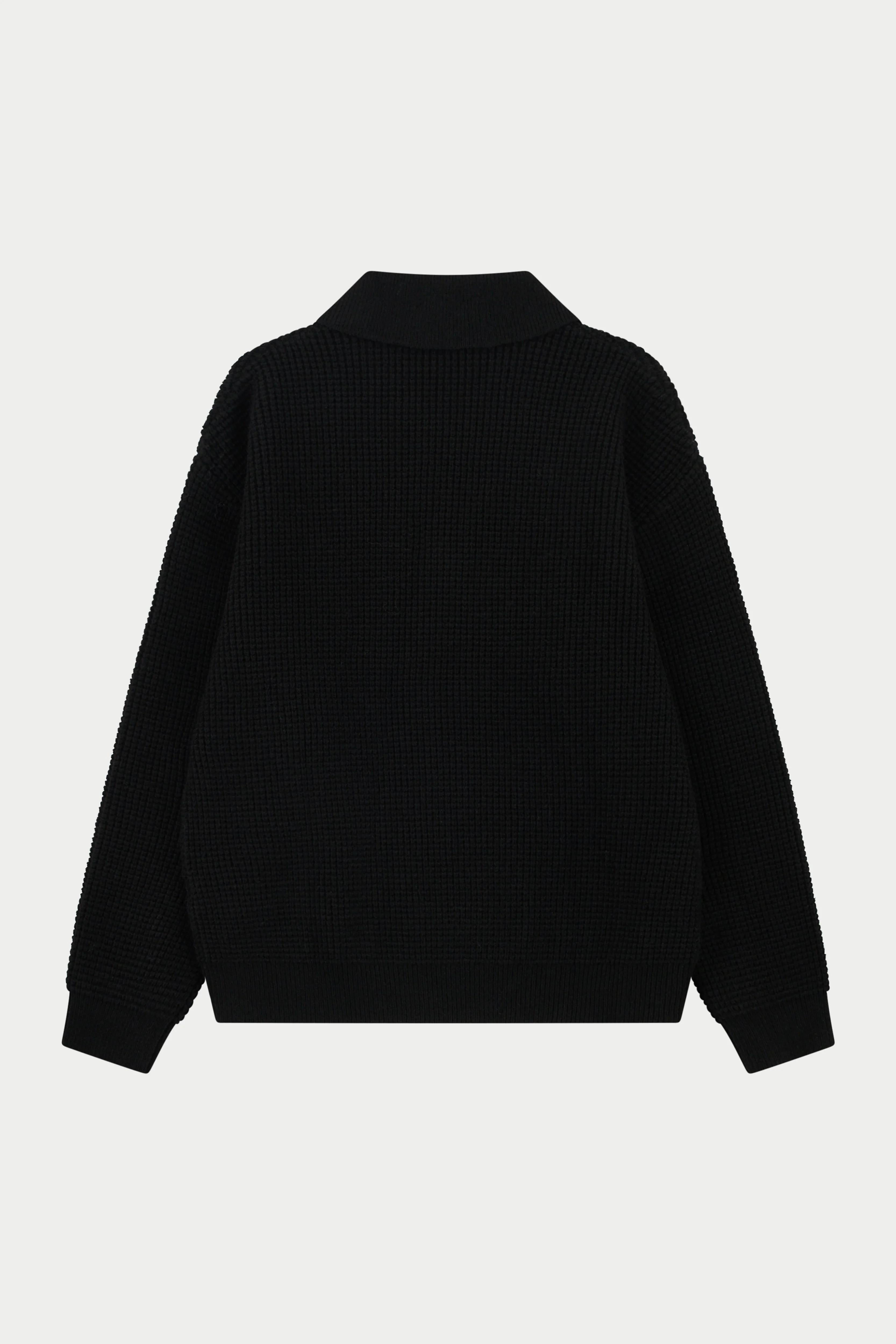 WAFFLE KNIT LONG SLEEVE POLO - BLACK - Image 7