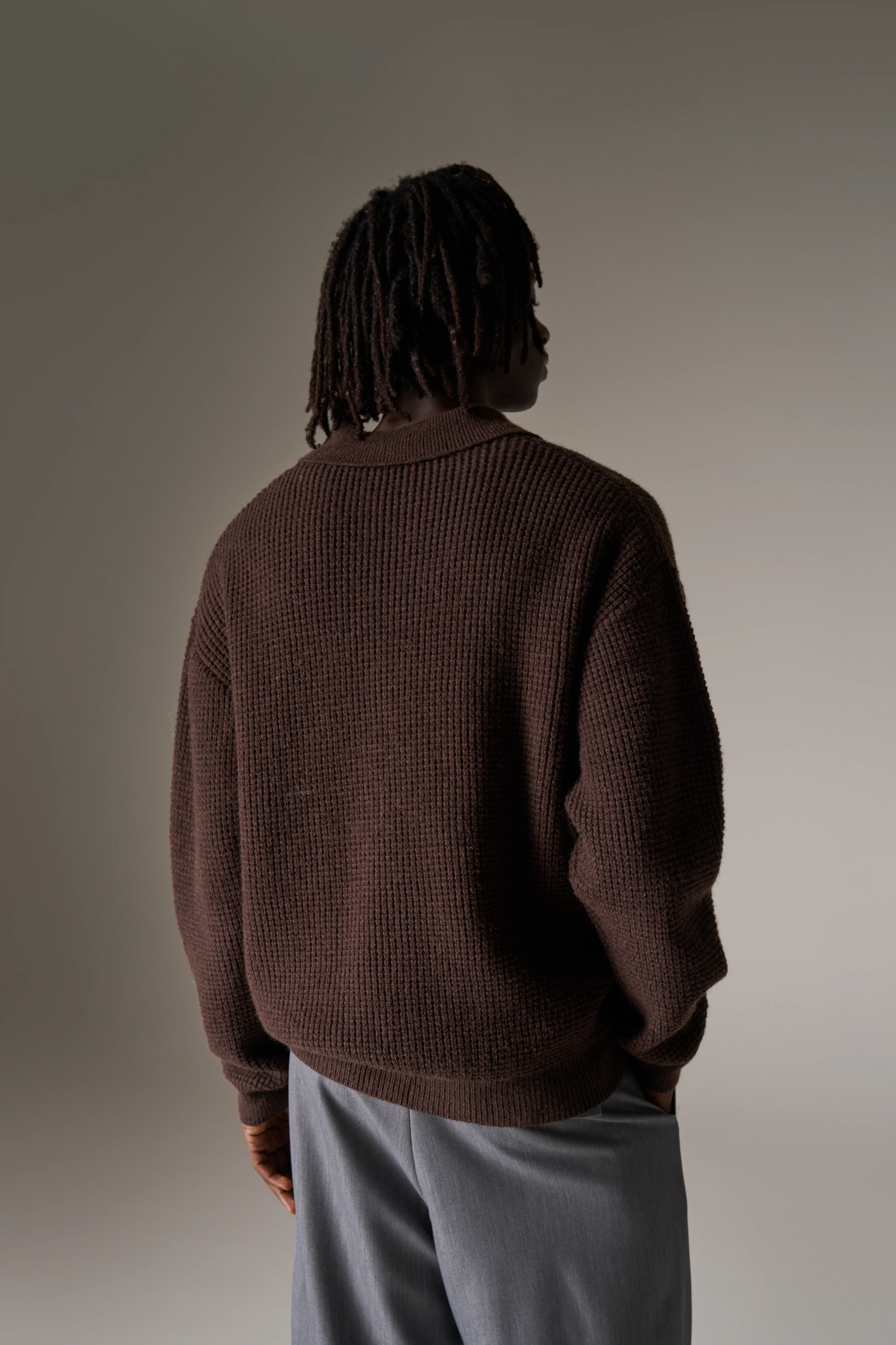 WAFFLE KNIT LONG SLEEVE POLO - BROWN - Image 7